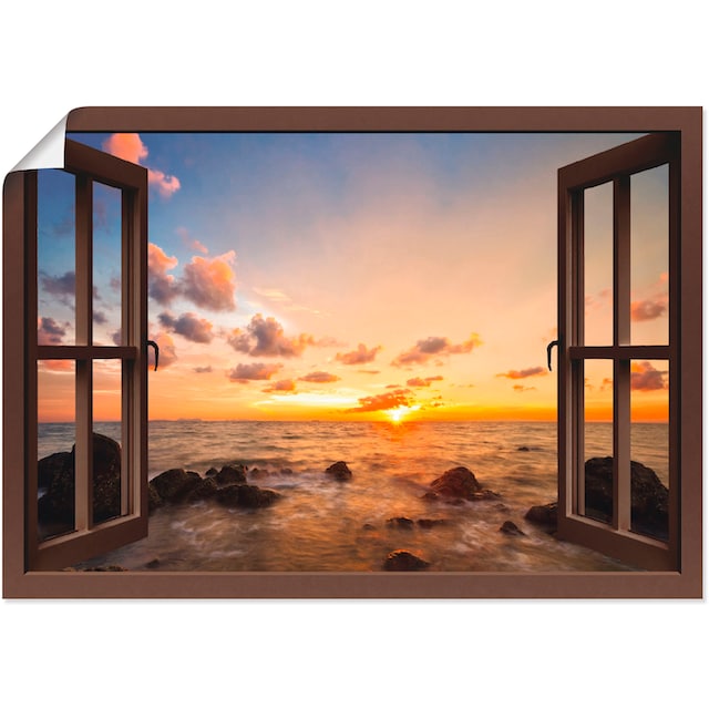 Artland Wandbild »Fensterblick Sonnenuntergang am Meer«, Fensterblick, (1 St.),  als Alubild, Leinwandbild, Wandaufkleber oder Poster in versch. Größen  bestellen | BAUR