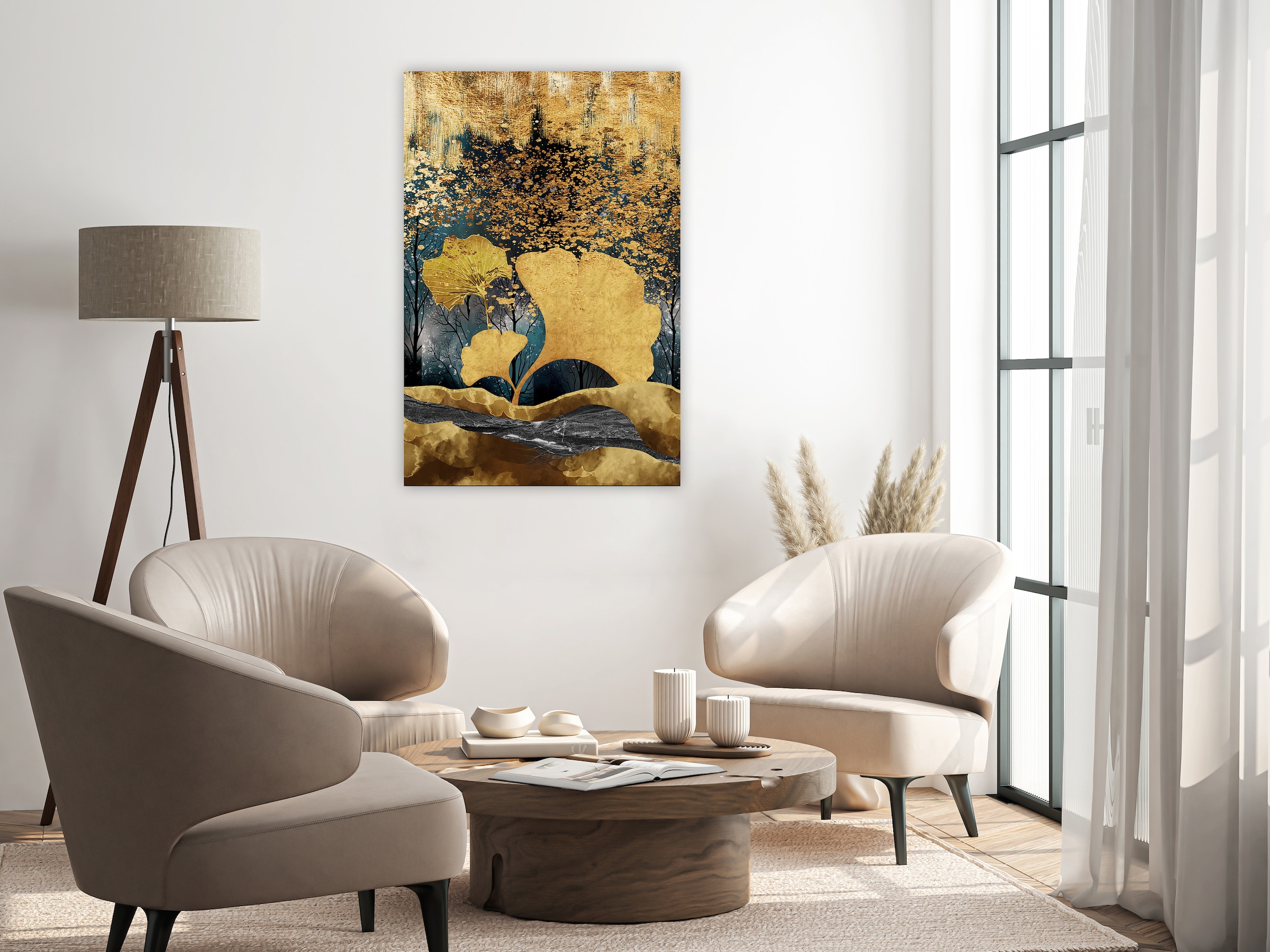 queence Leinwandbild »Gingko in Gold, Canvas Bild von Hand bespannt« 1 Stk. tlg. Zeitlose Ginkgo-Motive in hellen Farben