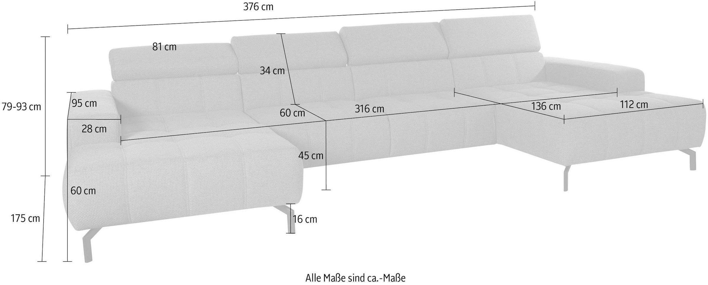 DOMO collection Wohnlandschaft »Cunelli tolle Sitznähte als Designelement, fester Sitzkomfort, U-Form«, wahlweise mit Kopfteilverstellung, bodenfrei