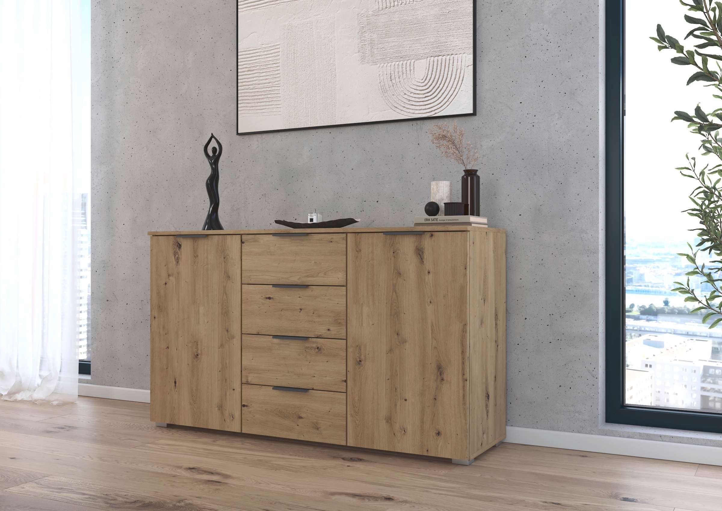 rauch Kombikommode »Sideboard Schubladenkommode AGORDO mit Dekor- oder Hochglanzfront«, (in zwei Griff-Farben), mit 4 Schubkästen und 2 Türen sowie Metallgriffen MADE IN GERMANY