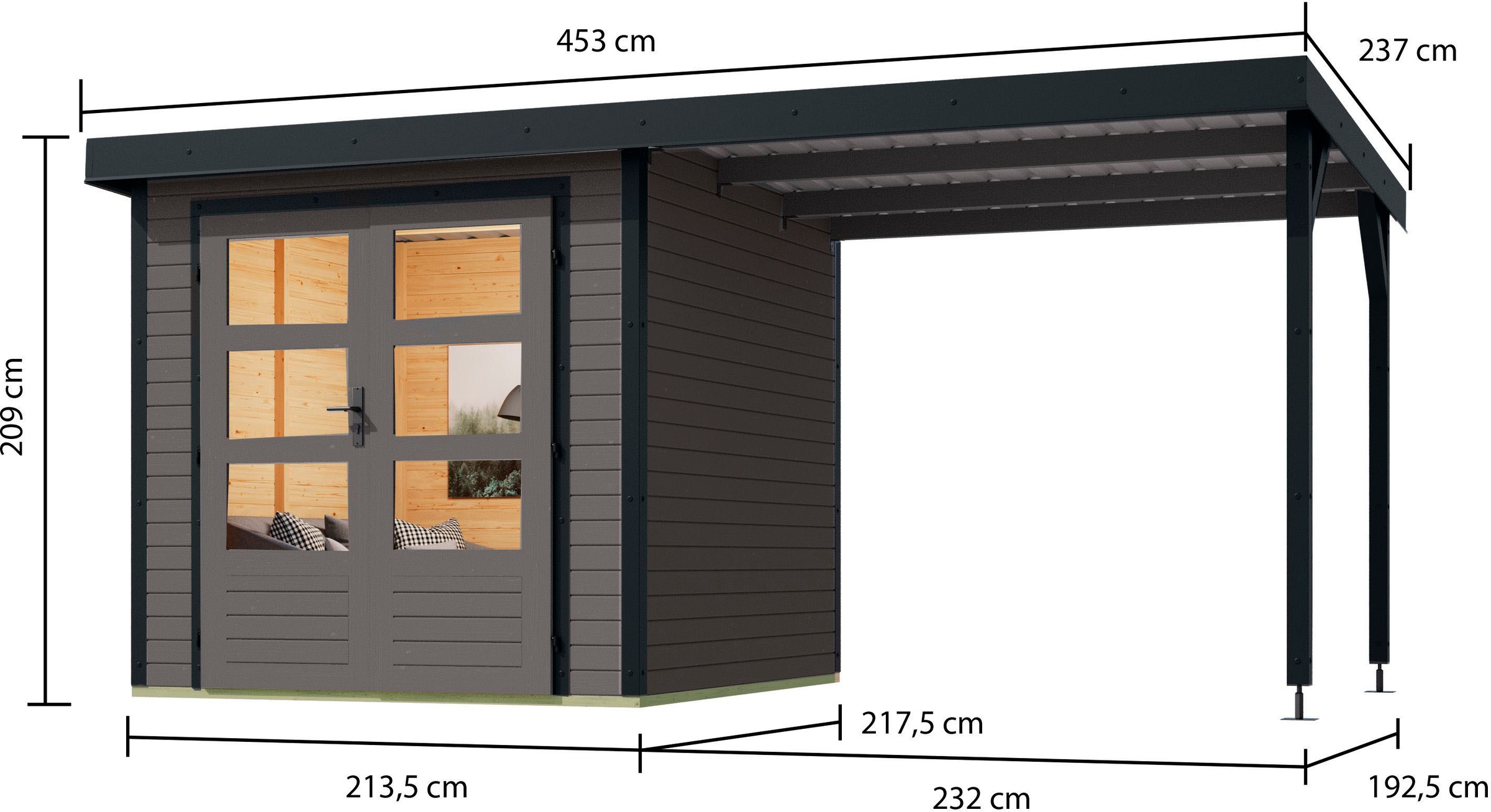 Karibu Gartenhaus »"Jupiter B SET"«, terragrau/anthrazit, mit Anbaudach