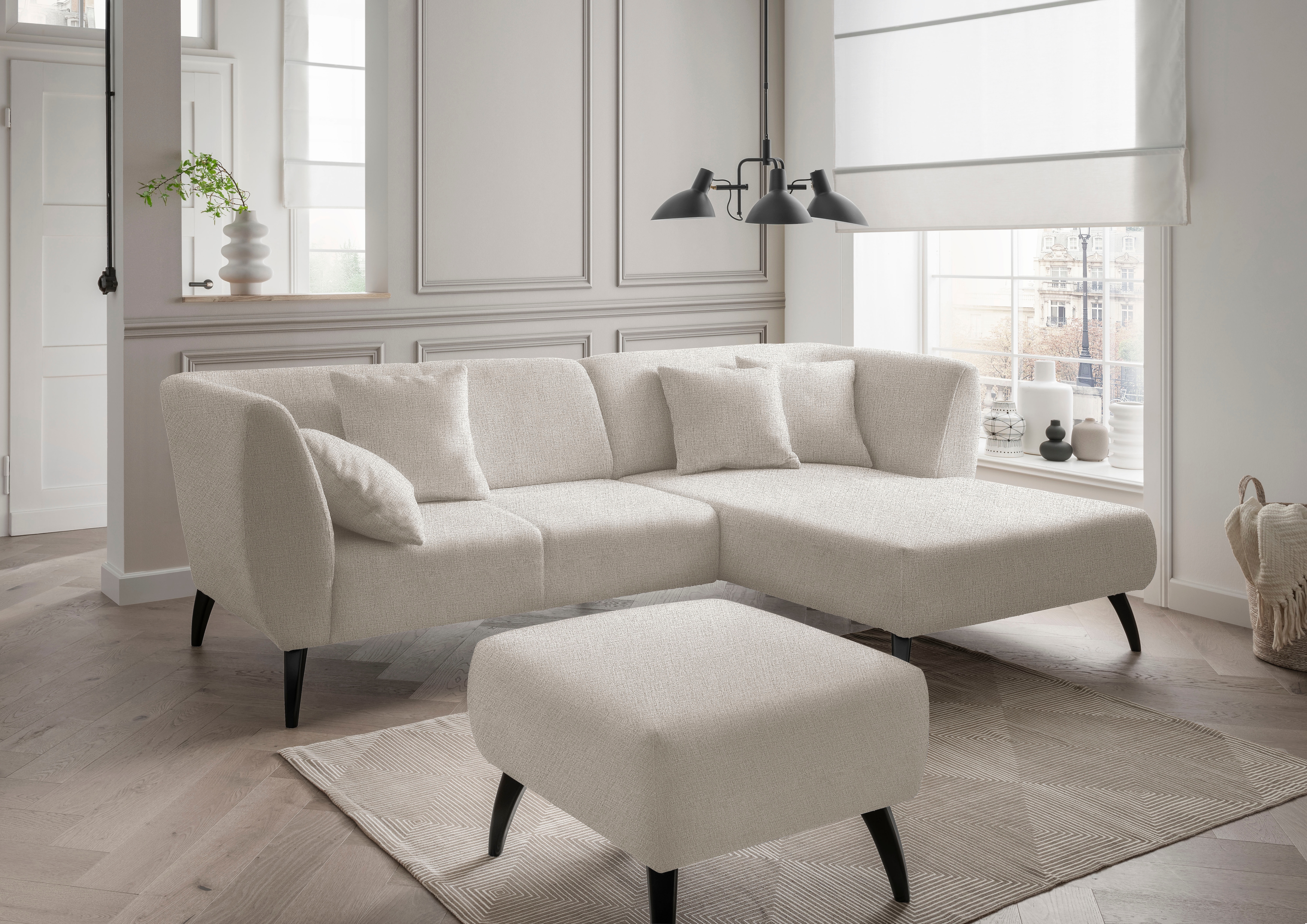 Home affaire Ecksofa "Lazio modern und bequem, schmale Armlehnen, tolle Detailverarbeitung" Holzfußfarbe wählbar, inkl. 4x Zierkissen