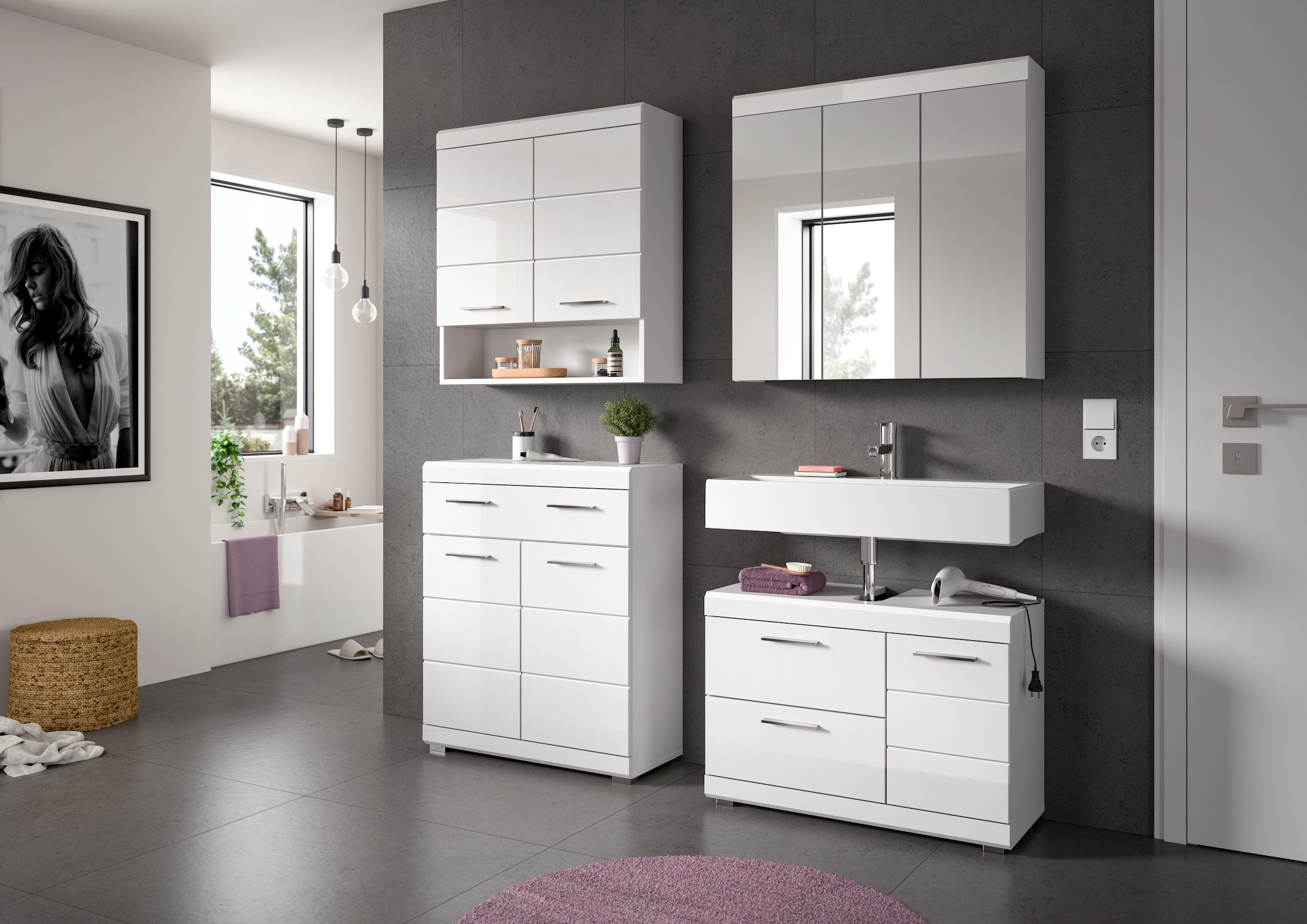 welltime Badmöbel-Set »SIENA, 4-tlg., WBU, Spiegelschrank, Hänge- & Unterschrank, MDF-Front«
