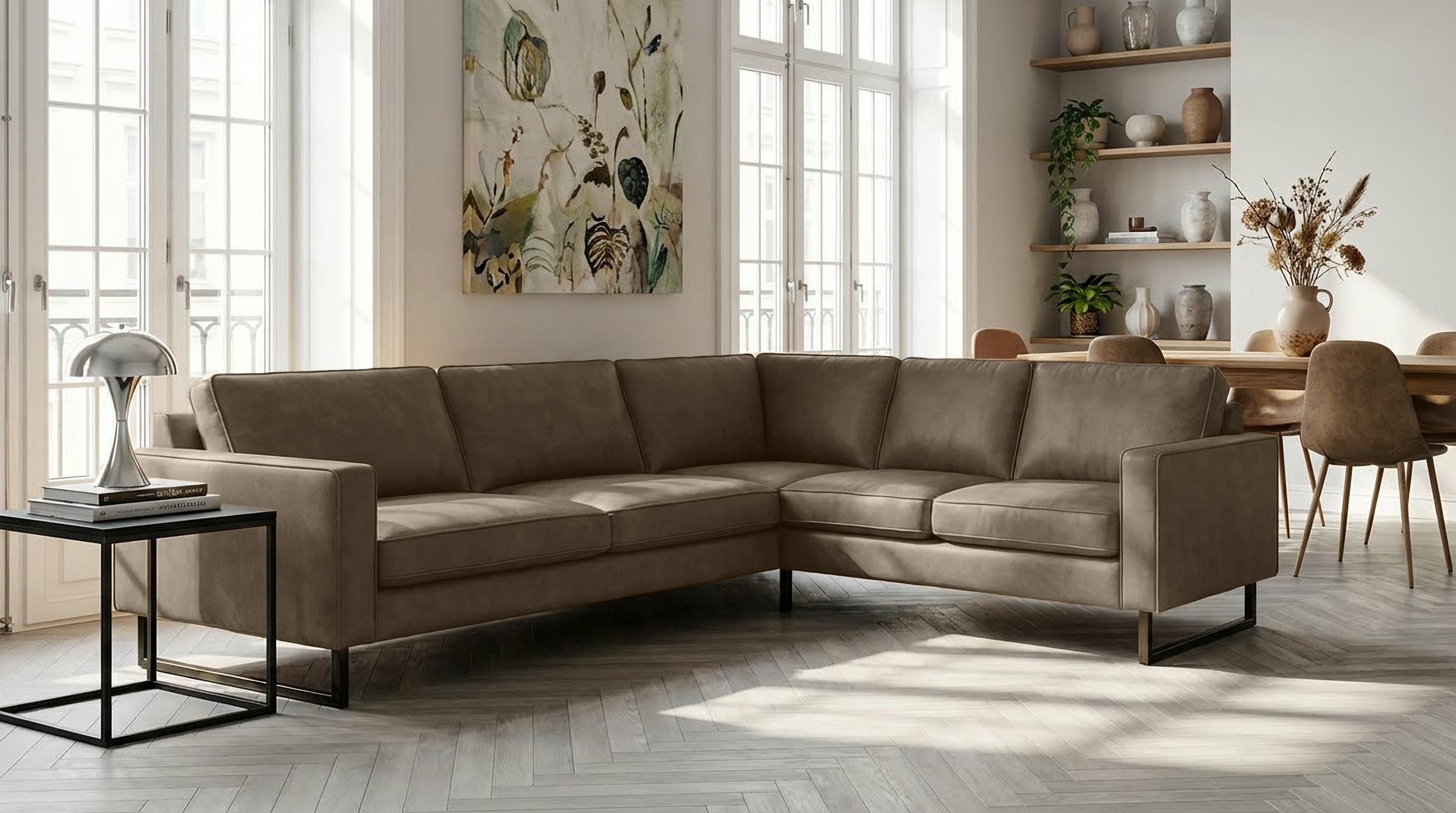 OTTO home Ecksofa "Pinto, XXL, 250/290 cm, langer Schenkel, Ottomane" Cord, Chenille, Lederoptik, mit Keder, Metallfüße, Wellenunterfederung