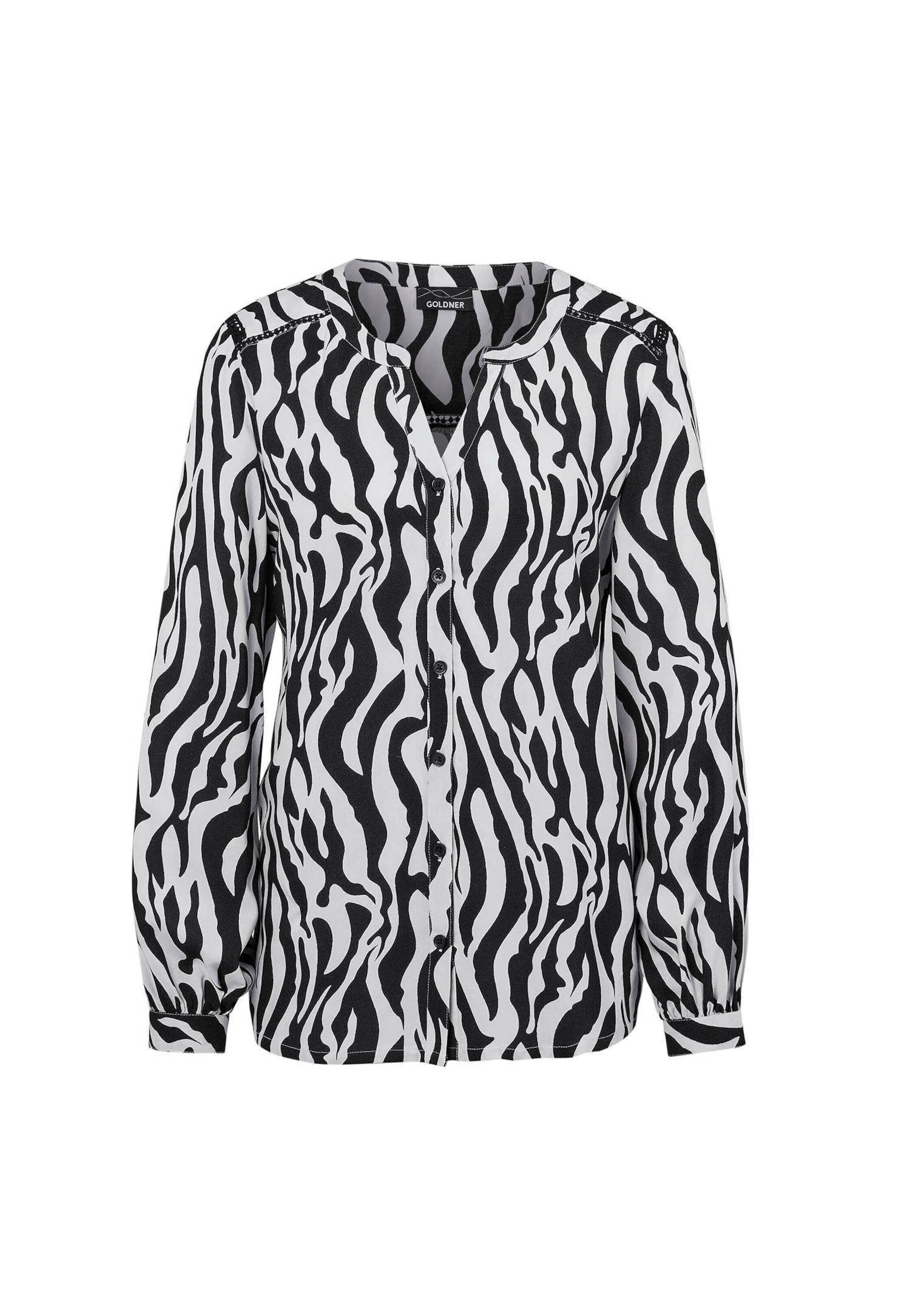 Kurzarmbluse GOLDNER "Bluse mit Tunika Ausschnitt", Damen, Gr. 48, schwarz (schwarz, weiß, gemustert), Obermaterial: 100% Viskose CV., figurumspielend, Manschette, Blusen, Knöpfe