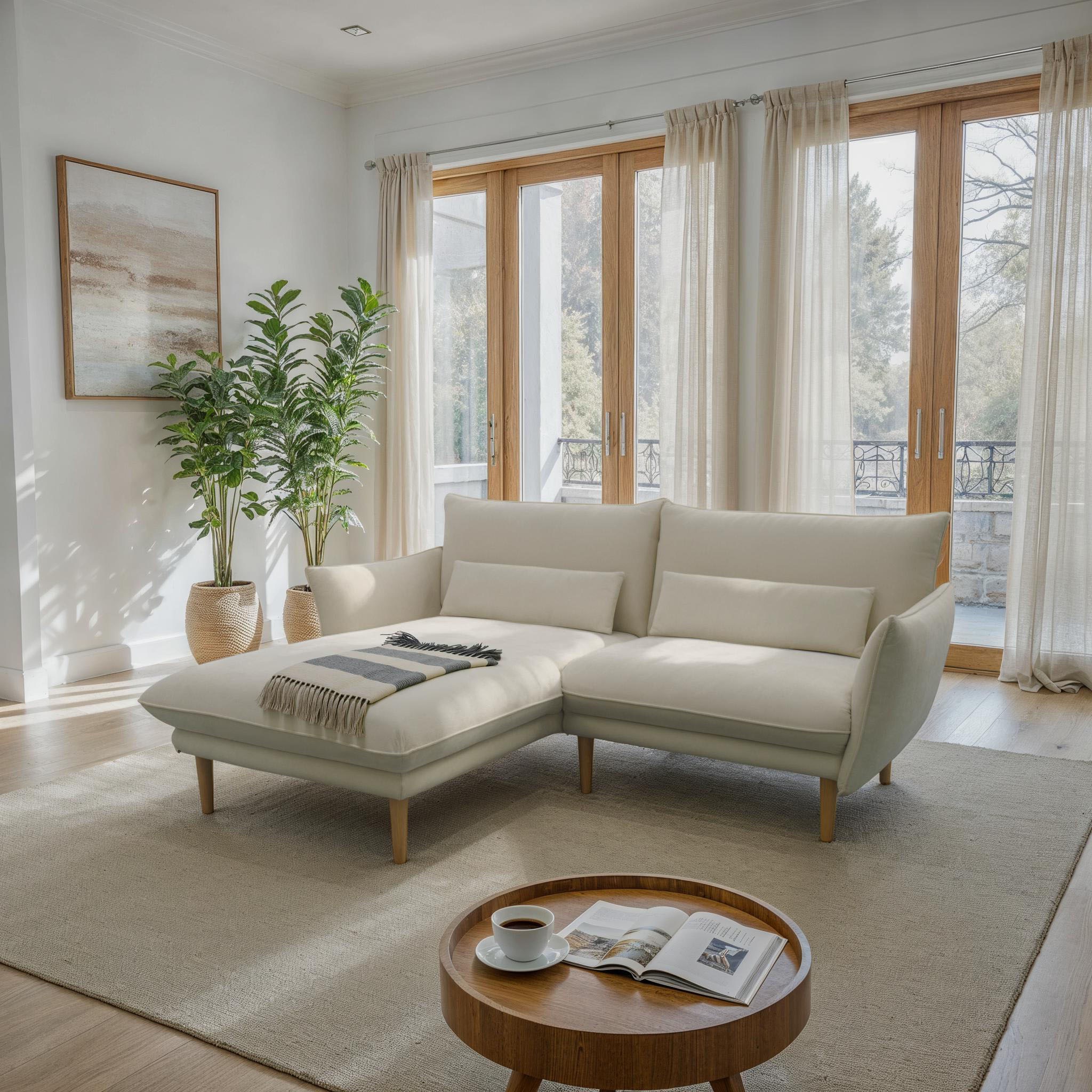 DOMO collection Ecksofa »100 032 kompakte Stellmaße, Breite 200cm, schmale Armlehnen, L-Form«, bodenfrei, 19cm hohe Holzfüße