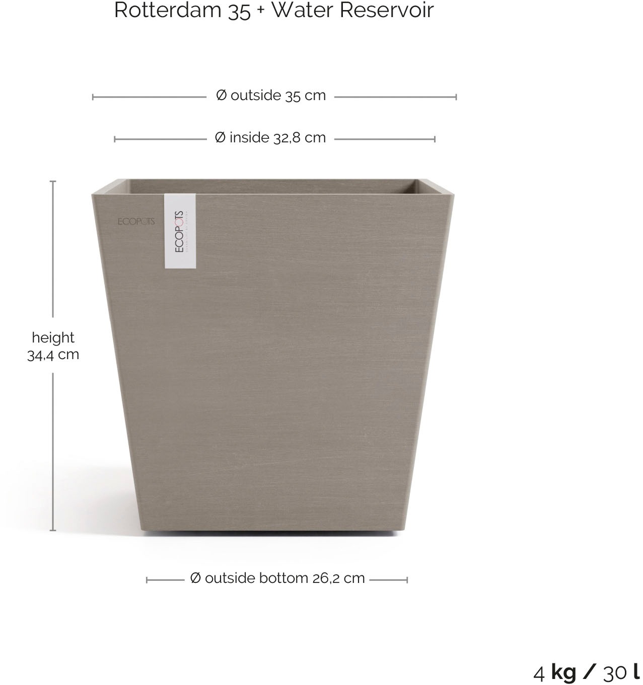 ECOPOTS Blumentopf »Rotterdam 35 + Wassersystem Taupe« für innen und außen: frostsicher, bruchsicher und lichtbeständig