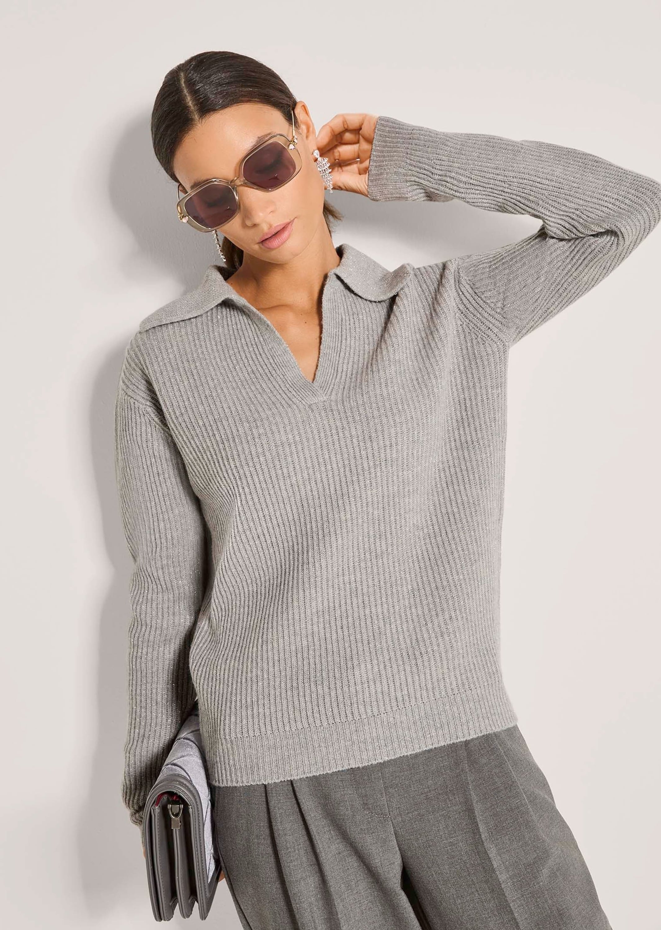 MADELEINE Longpullover »Pullover Patentstrick-Pullover mit Polo-Kragen«