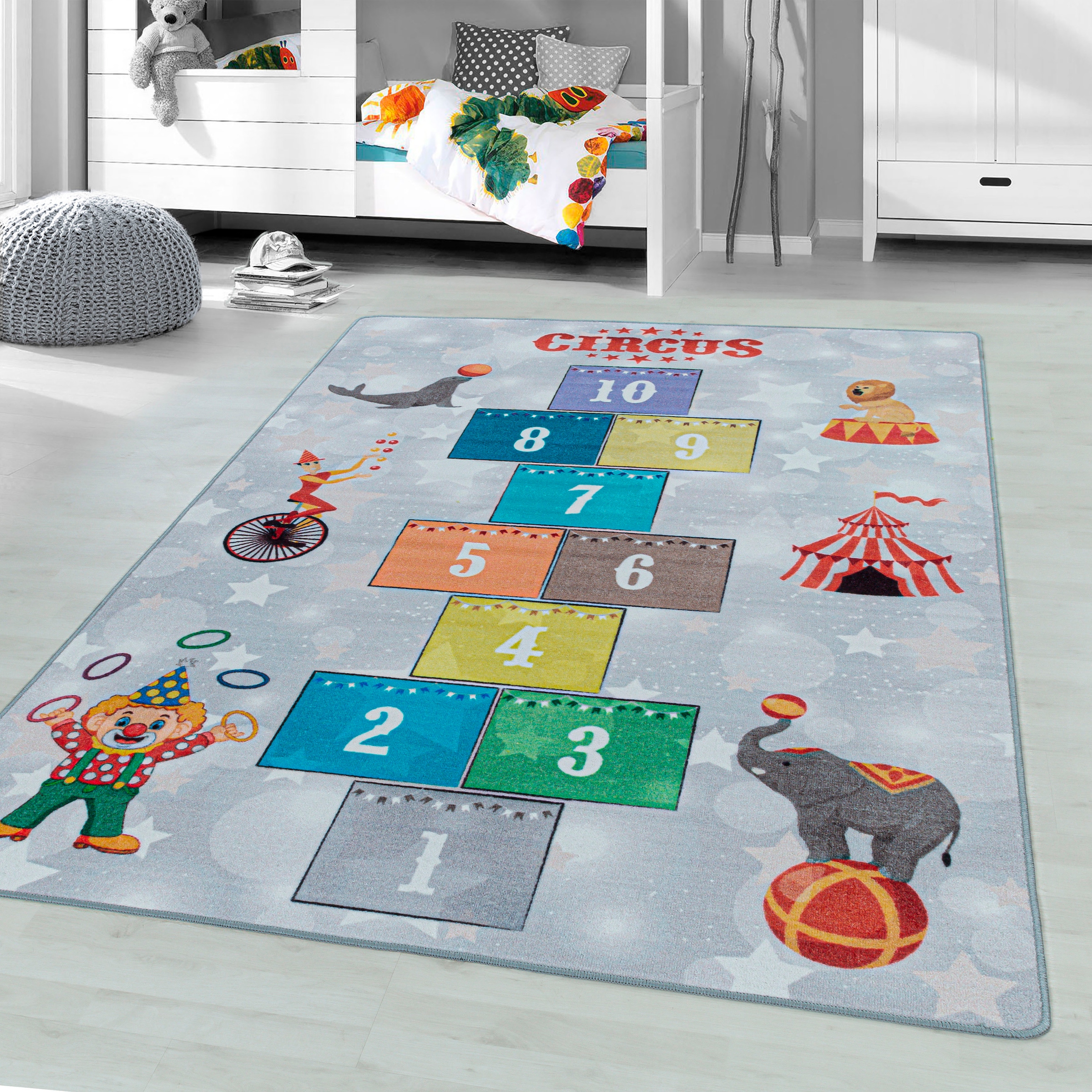 Kinderteppich AYYILDIZ TEPPICHE "PLAY 2909", grau, B:120cm H:6mm L:170cm, Polyamid, Teppiche, Kinderteppich, Kurzflor, Zirkus, Clown, Zahlen Spiele Hüpf Teppich, Kinderzimmer