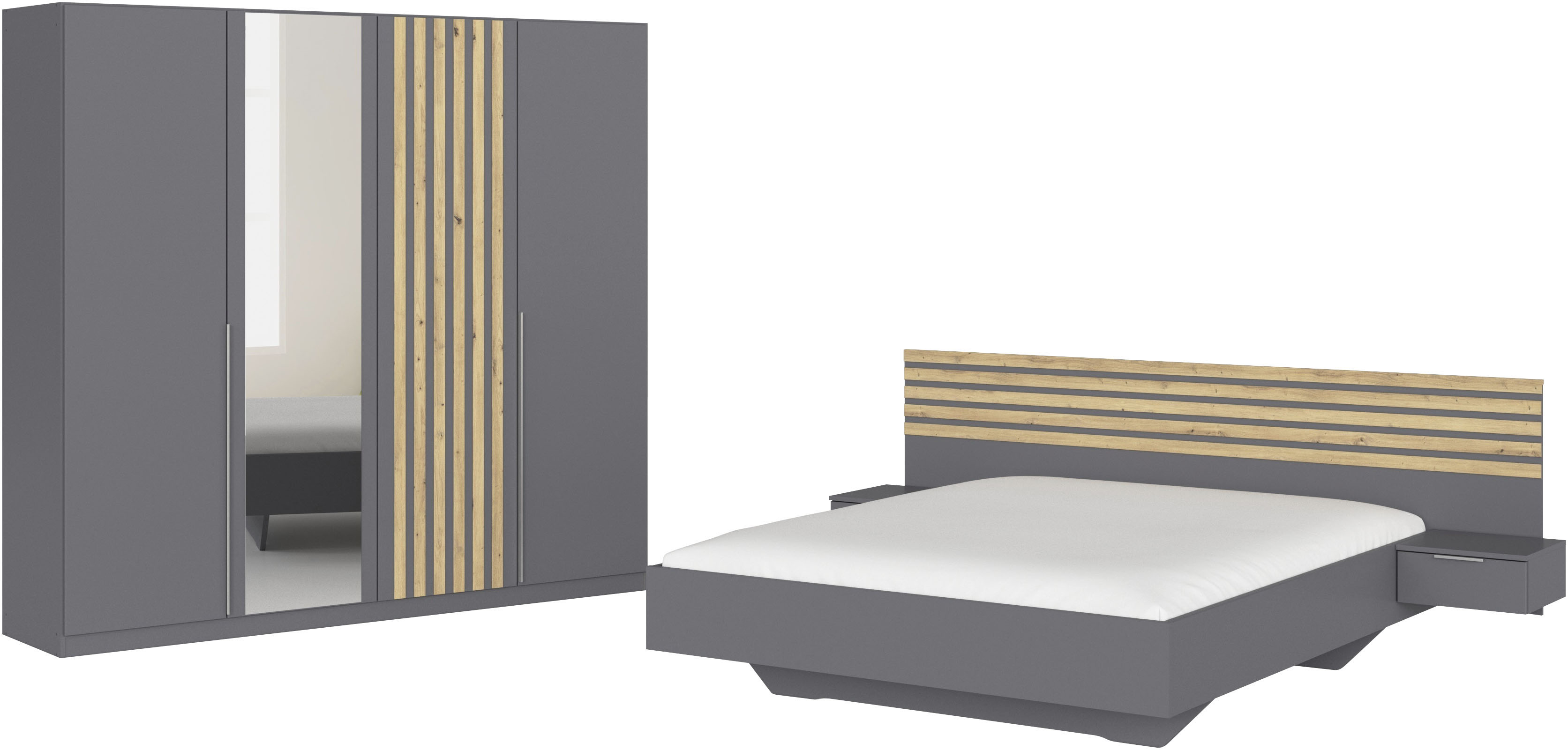 rauch "Komplettzimmer Komplett Set Schrank 226 cm Bett 160/180 cm LAMELLA" Set, 3 verschiedene Ausstattungen BASIC/CLASSIC/PREMIUM (inkl. SOFT-CLOSE), 4 tlg. tlg.