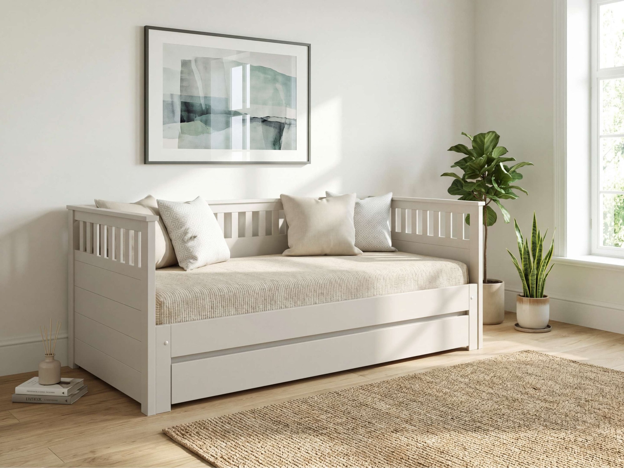 OTTO home Daybett »Morrick, ausziehbar, 2 Schlafplätze + Schublade, Cashmere Beige« massive Kiefer, schöne Sprossenoptik, Stauraum, Skandi Look
