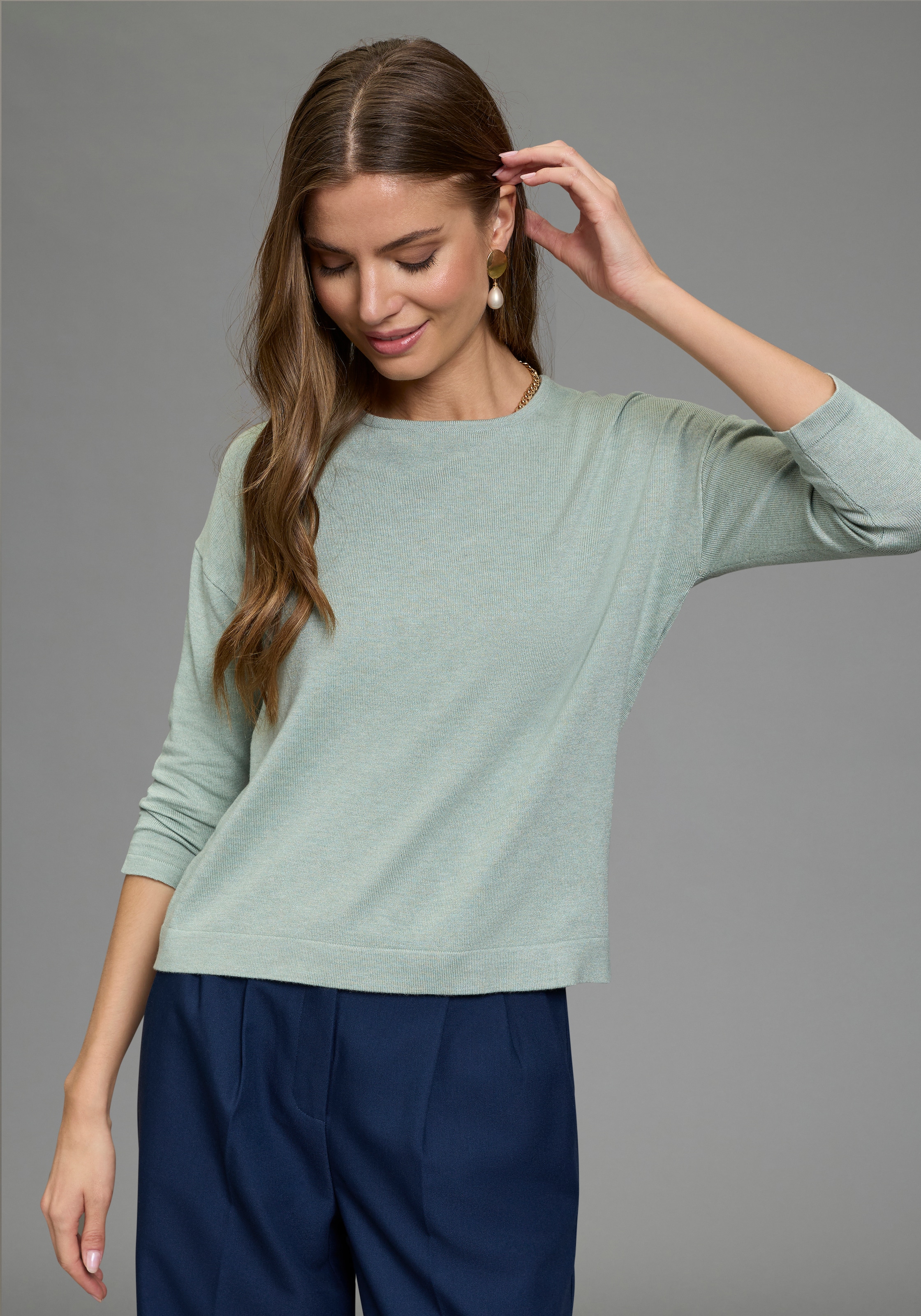 Laura Scott 3/4 Arm-Pullover aus Viskosemischung mit femininem Spitzeneinsatz und Schleifendetail