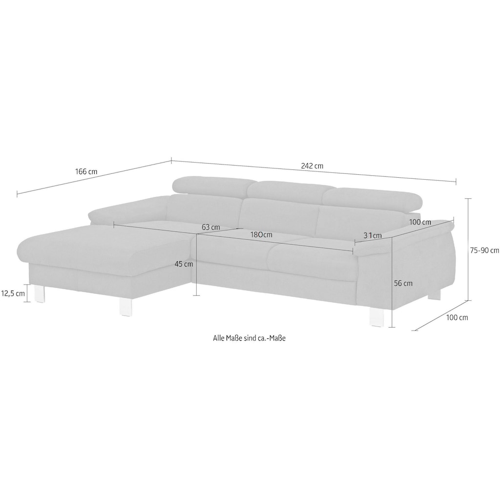 COTTA Ecksofa Komaris, Ecksofa, wahlweise mit RGB-LED-Beleuchtung und Bettfunktion/Bettkasten