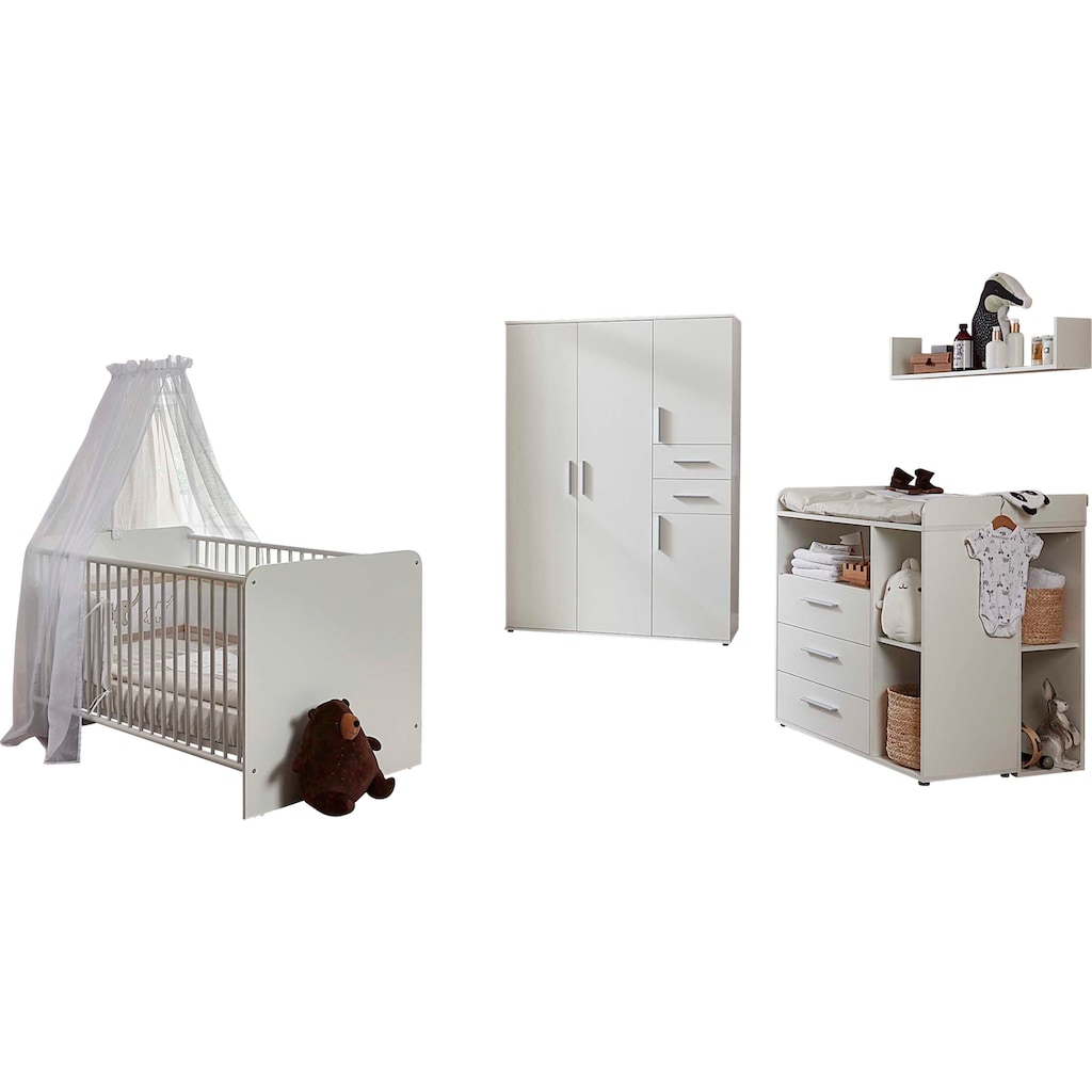 BMG Möbel Babyzimmer-Komplettset »Lea«, (Set, 6 St., Bett, Wickelkommode, Unterbauregal, Schrank, Wandboard), Bett + Wickelkommode + 2x Unterbauregal + 4-trg. Schrank + Wandboard