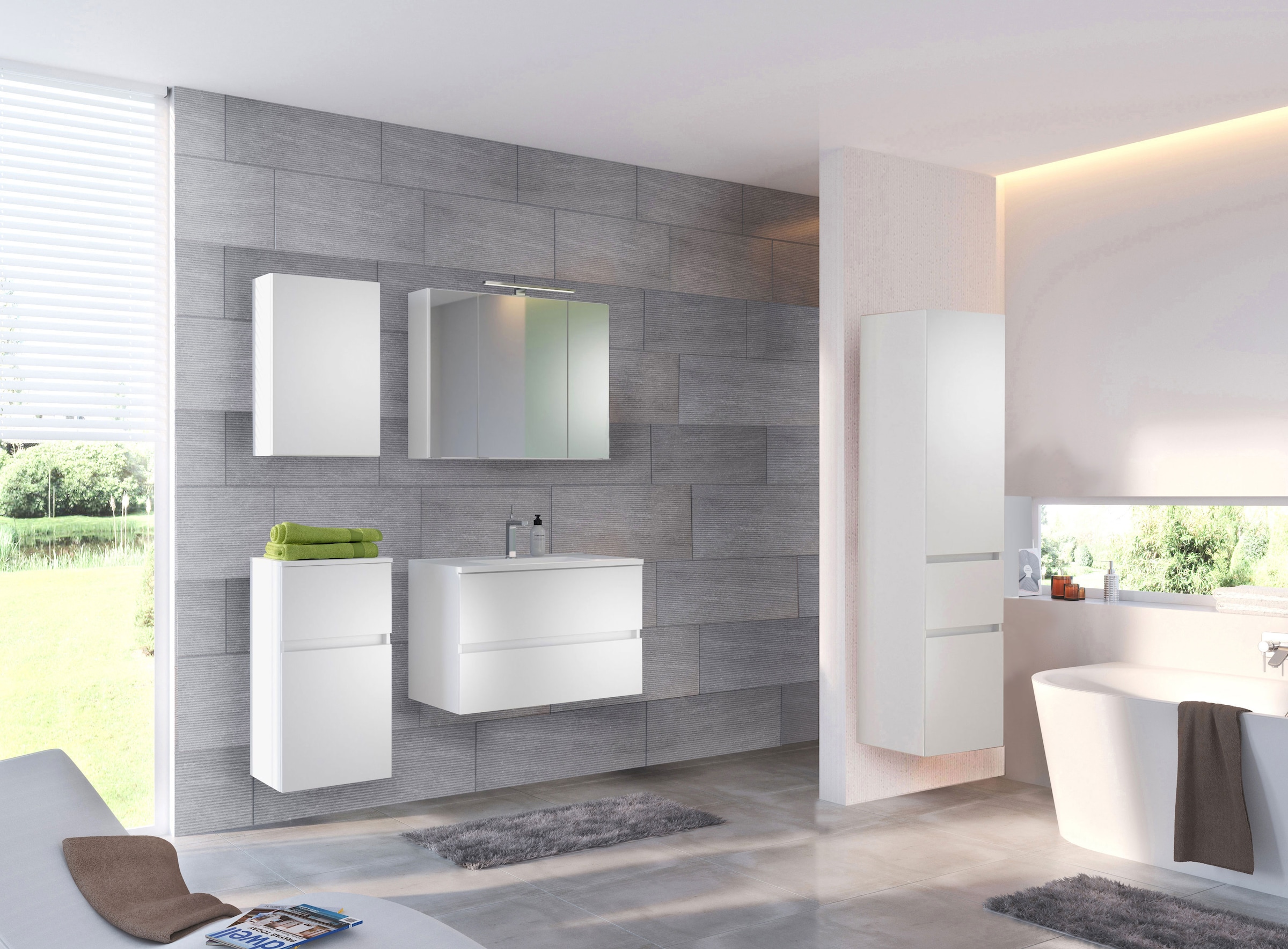 welltime Badmöbel-Set »Welltime Möbel Baabe Waschtisch-Set 3tlg. oder 5tlg.«, (5 St.), gedämpfte Scharniere und Softclose-Funktion, inklusive LED-Beleuchtung