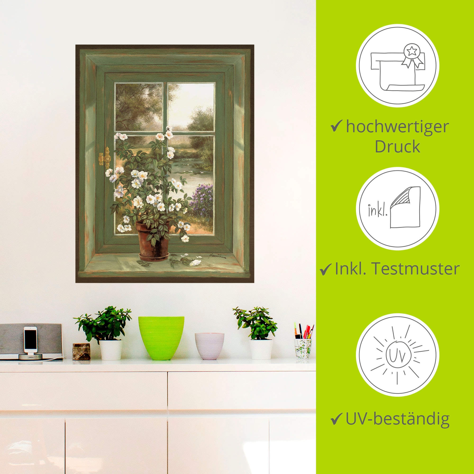 Artland Wandbild »Wildrosen am Fenster«, Arrangements, (1 St.), als Alubild, Outdoorbild, Leinwandbild, Poster, Wandaufkleber