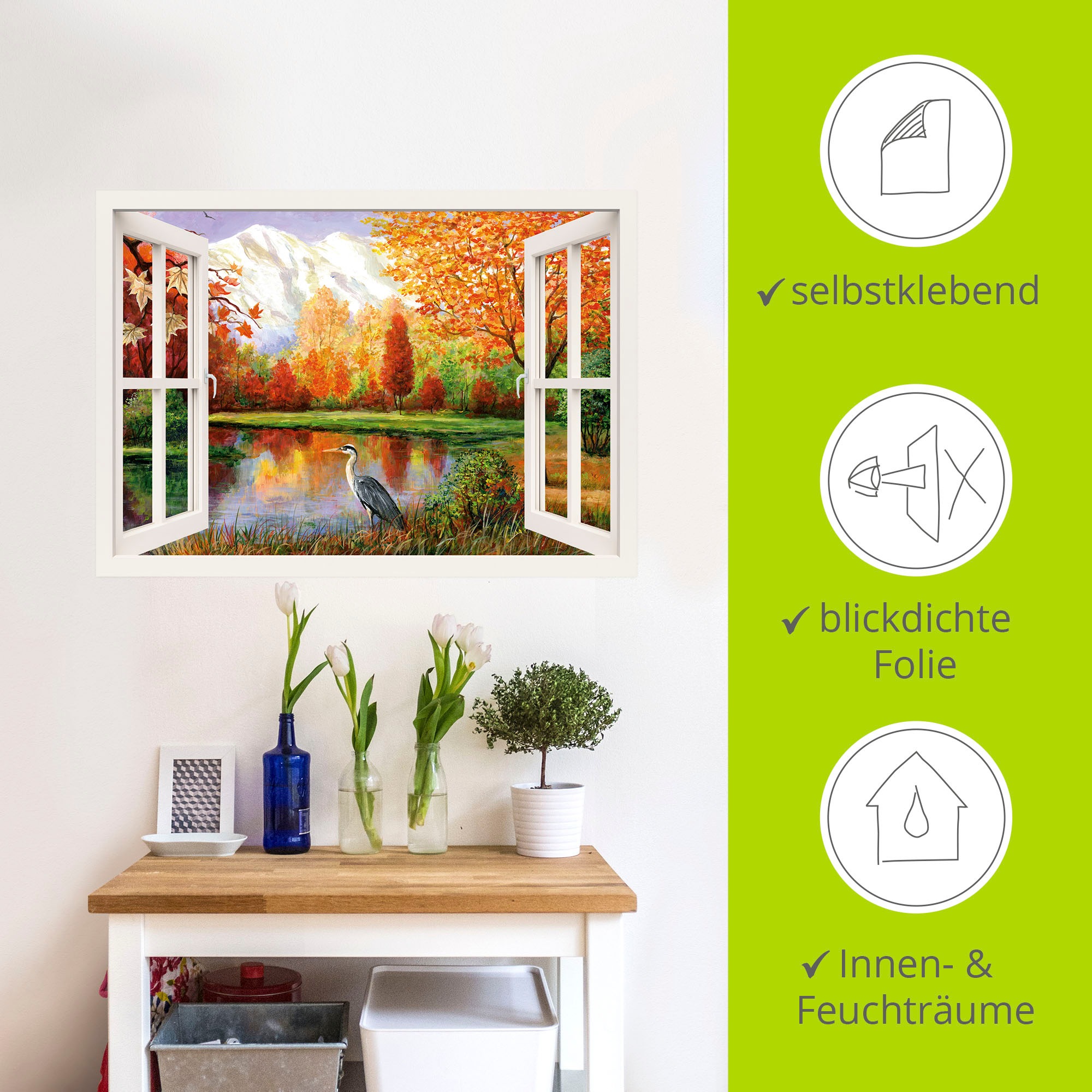 Artland Wandbild »Herbst am See«, Fensterblick, (1 St.), als Leinwandbild, Wandaufkleber in verschied. Größen