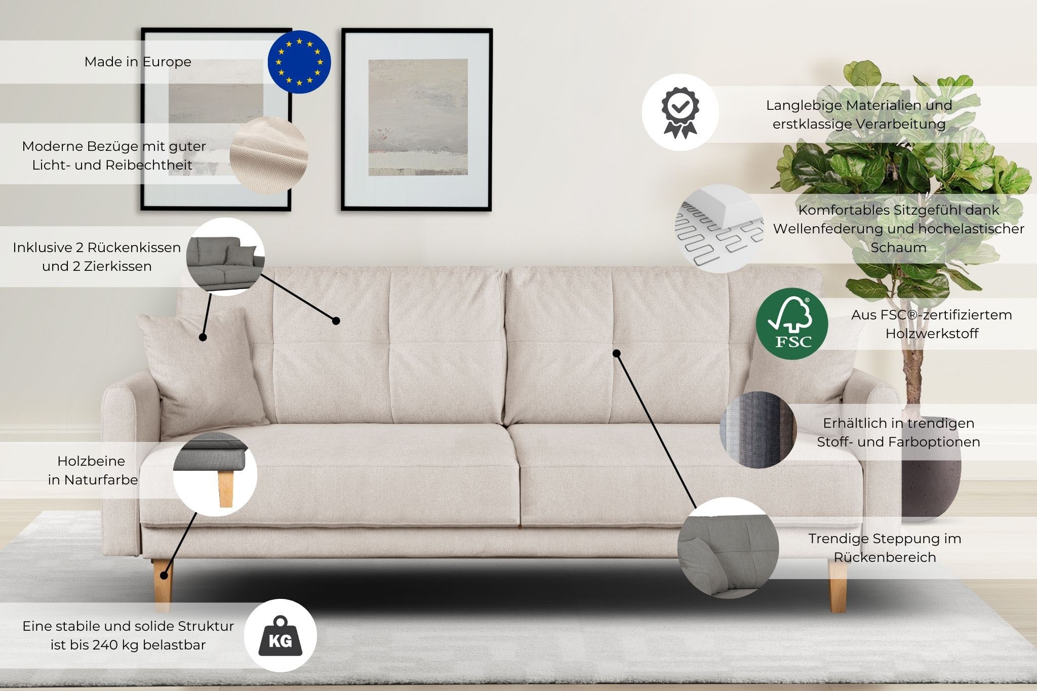 Thumbnail - Home affaire 2-Sitzer "TRIPLO mit Wellenunterfederung, Maße B/T/H: 165/100/89 cm", Sofa mit Steppung im Rückenbereich, i...