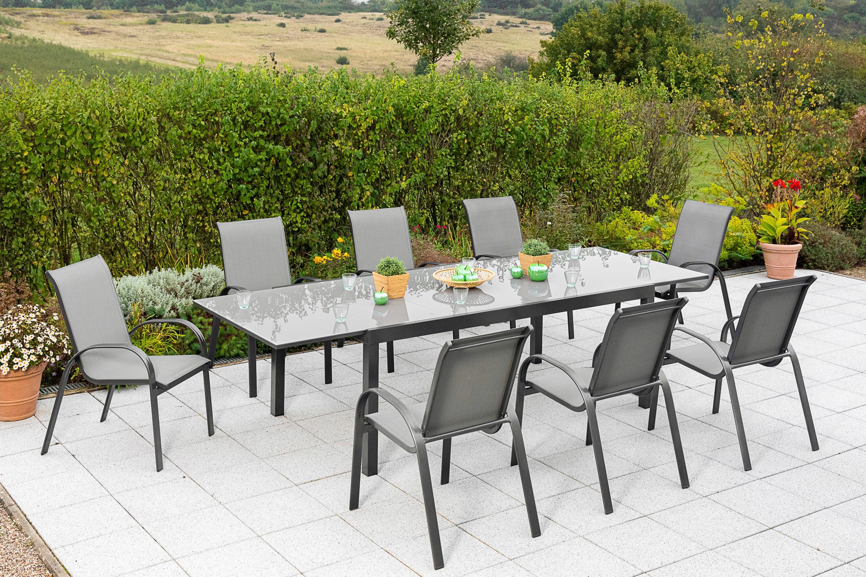 MERXX Garten-Essgruppe »Amalfi«, (Set, 9 tlg.), 8 Stapelsessel, Ausziehtisch