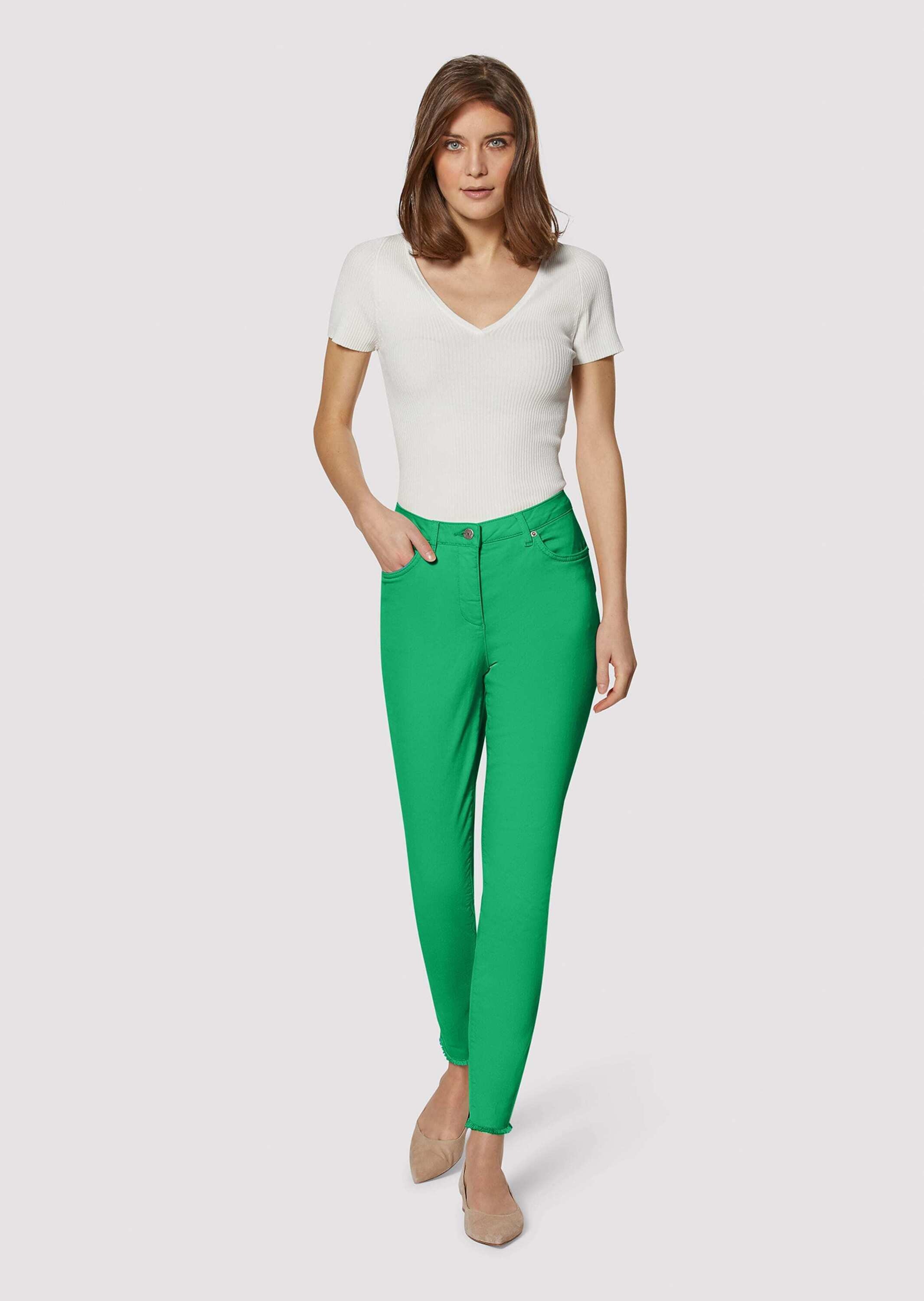 Regular-fit-Jeans MADELEINE "Jeans Mid Waist Skinny-Hose mit Fransen", Damen, Gr. 18, K-Gr, grün (apfelgrün), Obermaterial: 92% Baumwolle CO. 6% Polyester PES. 2% Elasthan EL., Jeans 2