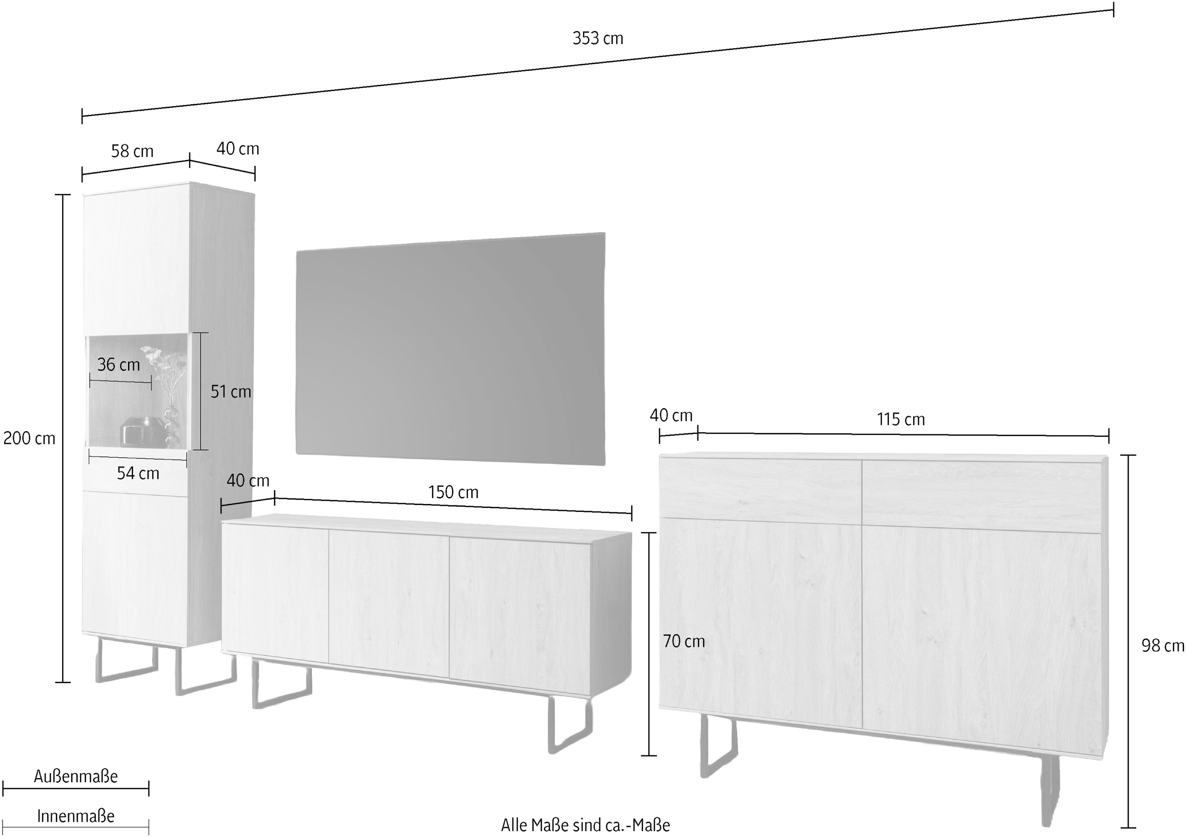 Home affaire Wohnwand »Lund, moderne Anbauwand, Wohnzimmer-Set in Stone Oak«, (3 St.), enthält Vitrine, Lowboard und Highboard