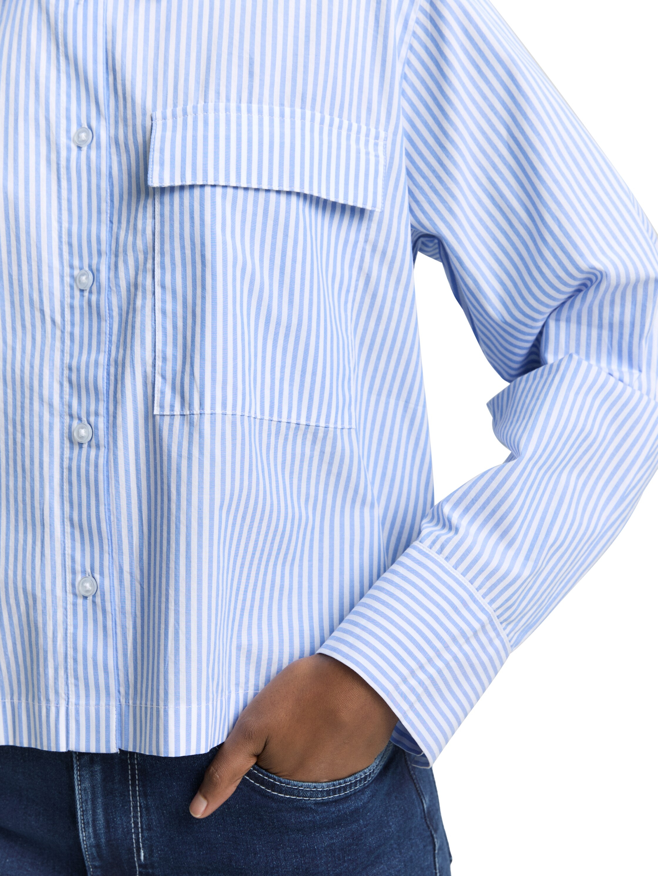 TOM TAILOR Denim Langarmbluse gestreift, kurze Form, mit Brusttasche