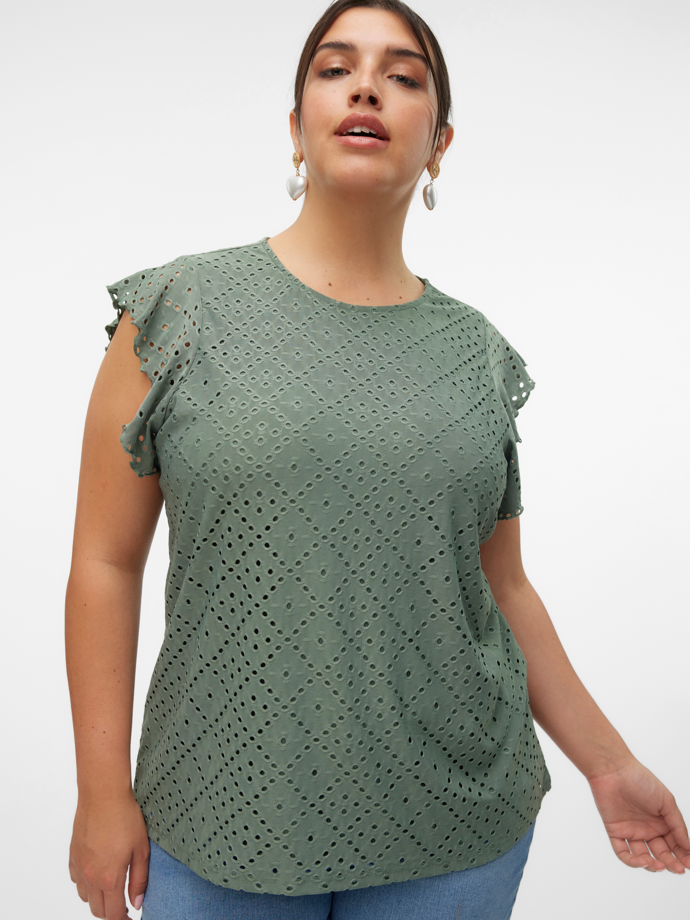 Vero Moda Curve Spitzenshirt "VMCTASSA SL FRILL TOP NOOS CUR" Materialmix, günstig online kaufen