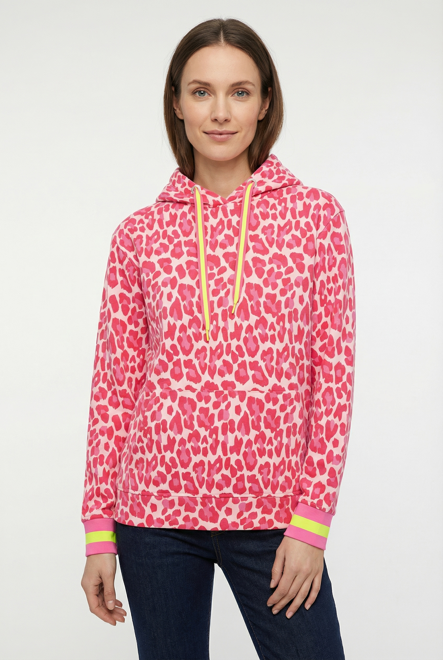 Zwillingsherz Hoodie ""Leo Allover Neon Kante"", mit Animal-Design und kontrastfarbigen Ärmelbündchen