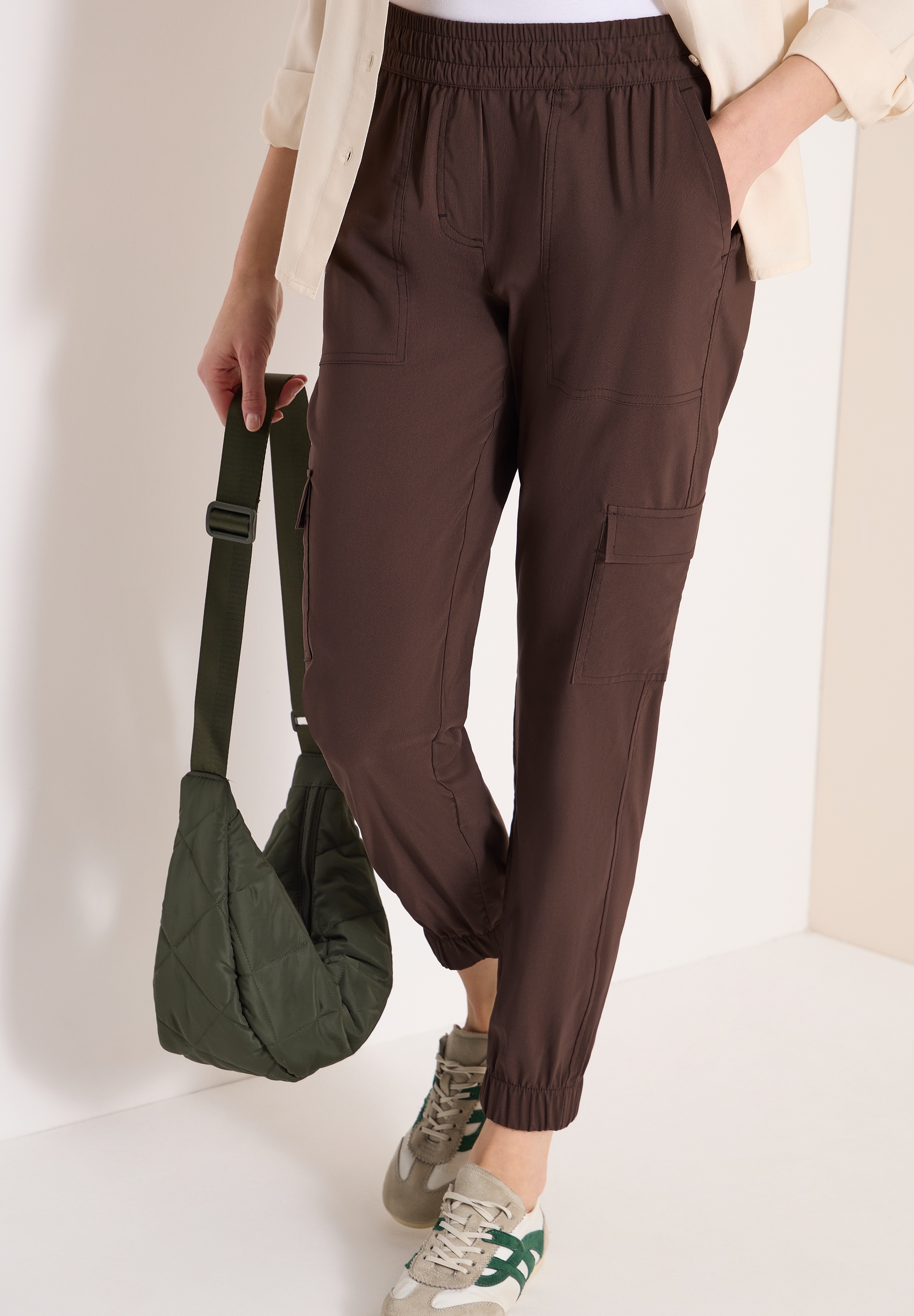 Cargohose CECIL, Damen, Gr. XXL, Länge 28, braun cacao, Web, 66% Baumwolle, 30% Polyester, 4% Elasthan, unifarben, loose fit knöchelfrei, Hosen Cargohose, im Loose Fit