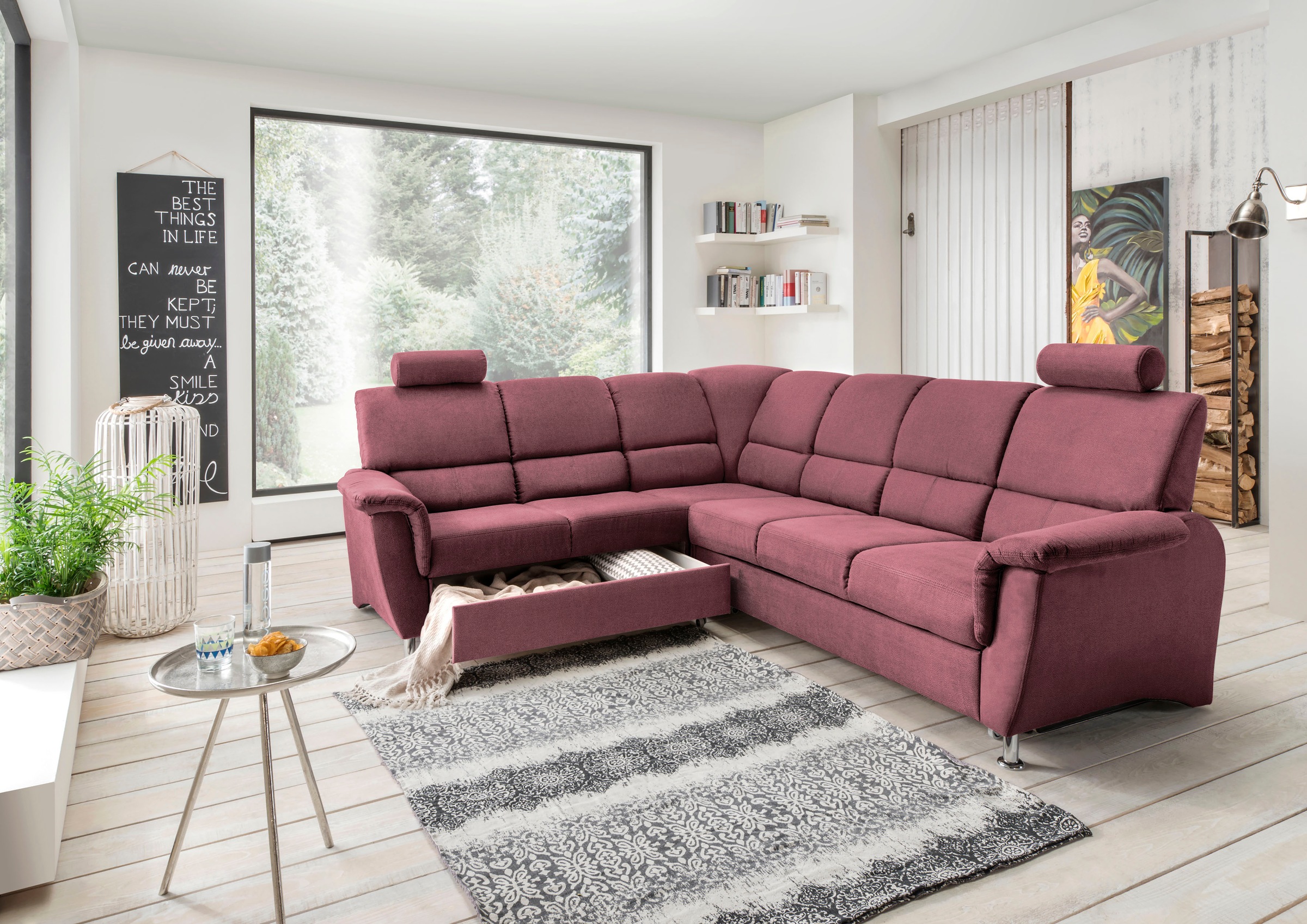 Home affaire Ecksofa »Pisa L-Form, mit Schlaffunktion, Stauraum, 2x höhenverstellbare«, Kopfstützen und Relaxfunktion im Eckelement