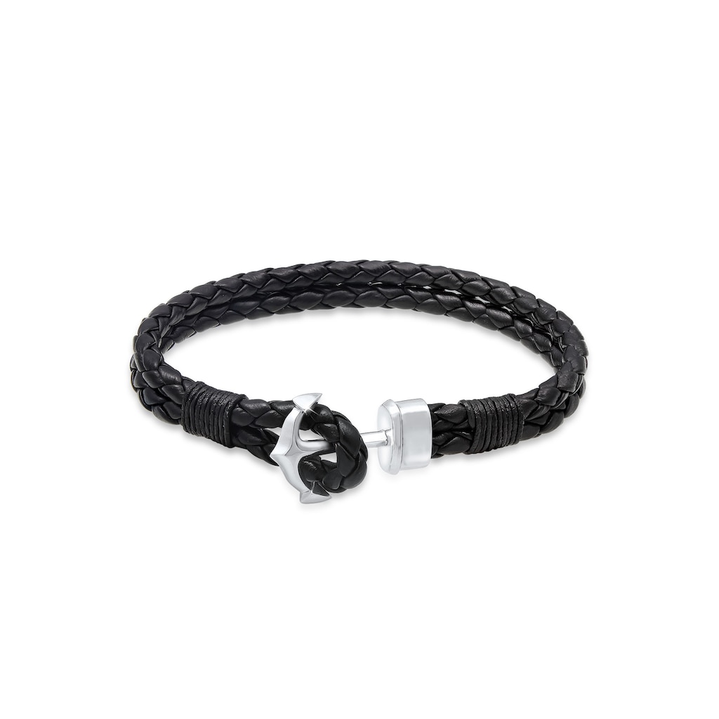 Kuzzoi Armband »Herren Basic Anker Echtleder Geflochten 925 Silber«