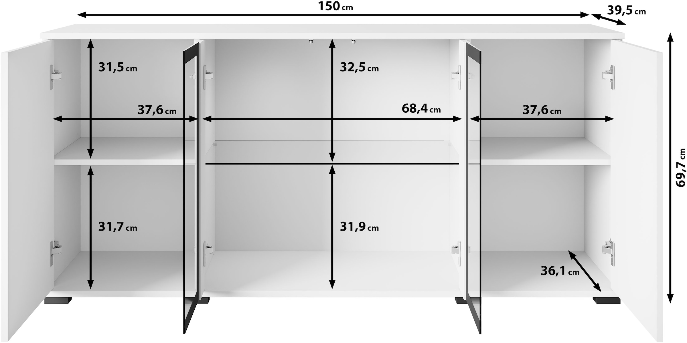 INOSIGN Sideboard »Caro, modernes Design mit Glaseinsätzen, Breite 150 cm«, (1 St.), Grifflose Fronten mit Push-to-Open, höhenverstellbare Einlegeböden