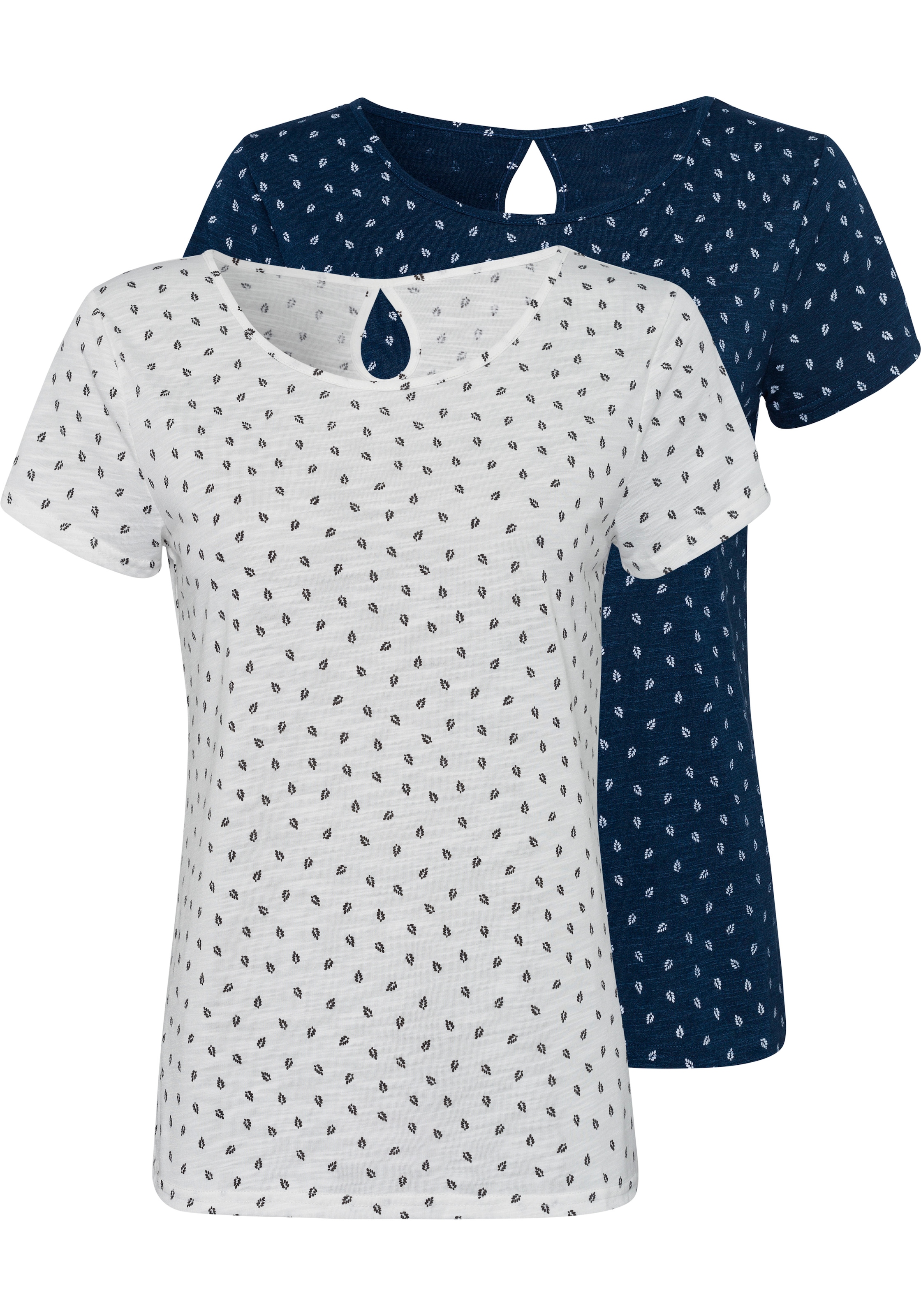 LASCANA T-Shirt, (2er-Pack), mit süßem Blätter-Druck und Cut-Out im Nacken