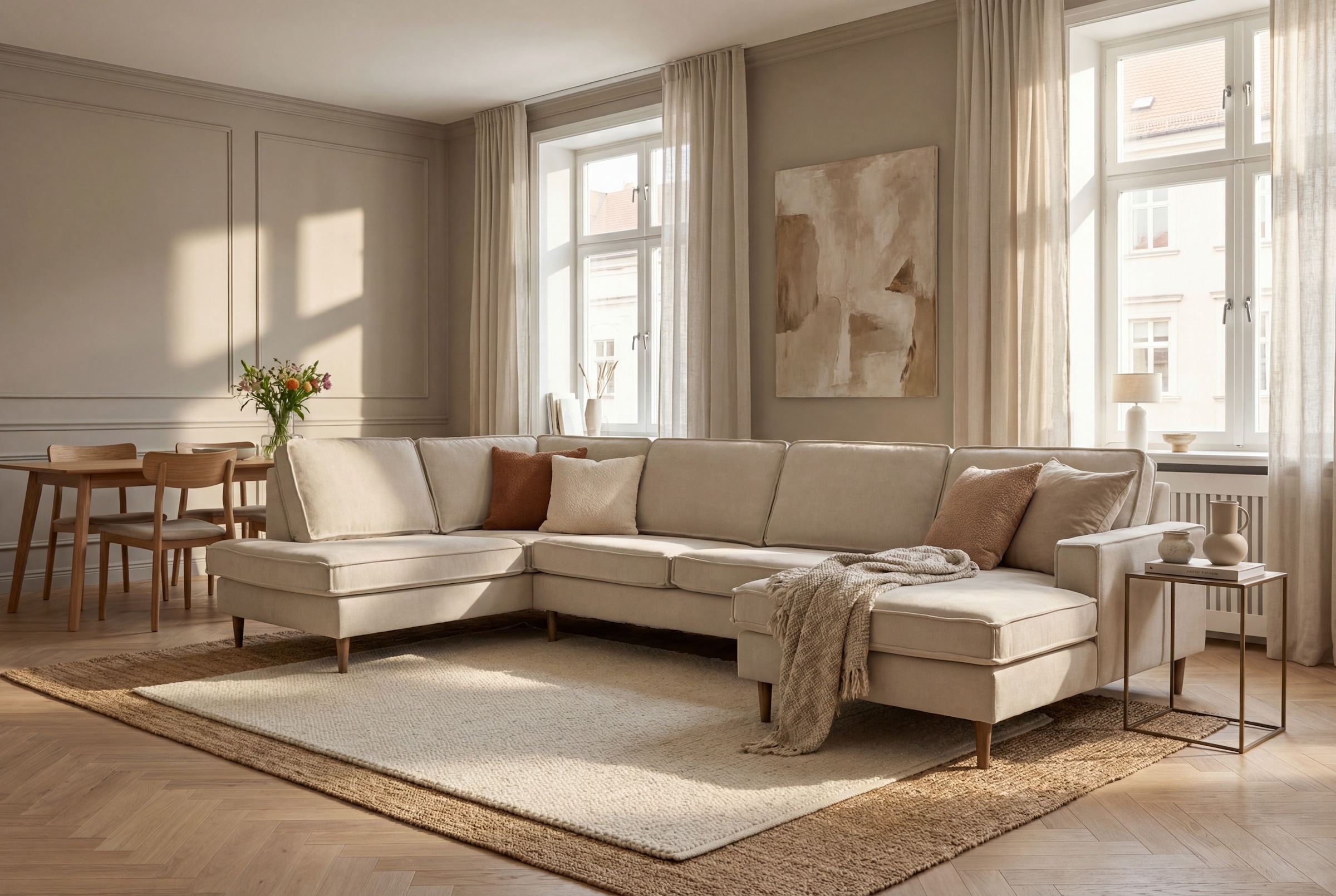 OTTO home Wohnlandschaft "Pinto Skandi, 350 cm, U-Form, XXL, mit Ottomanen" mit Keder, Massivholzfüße Eiche geräuchert, Wellenunterfederung