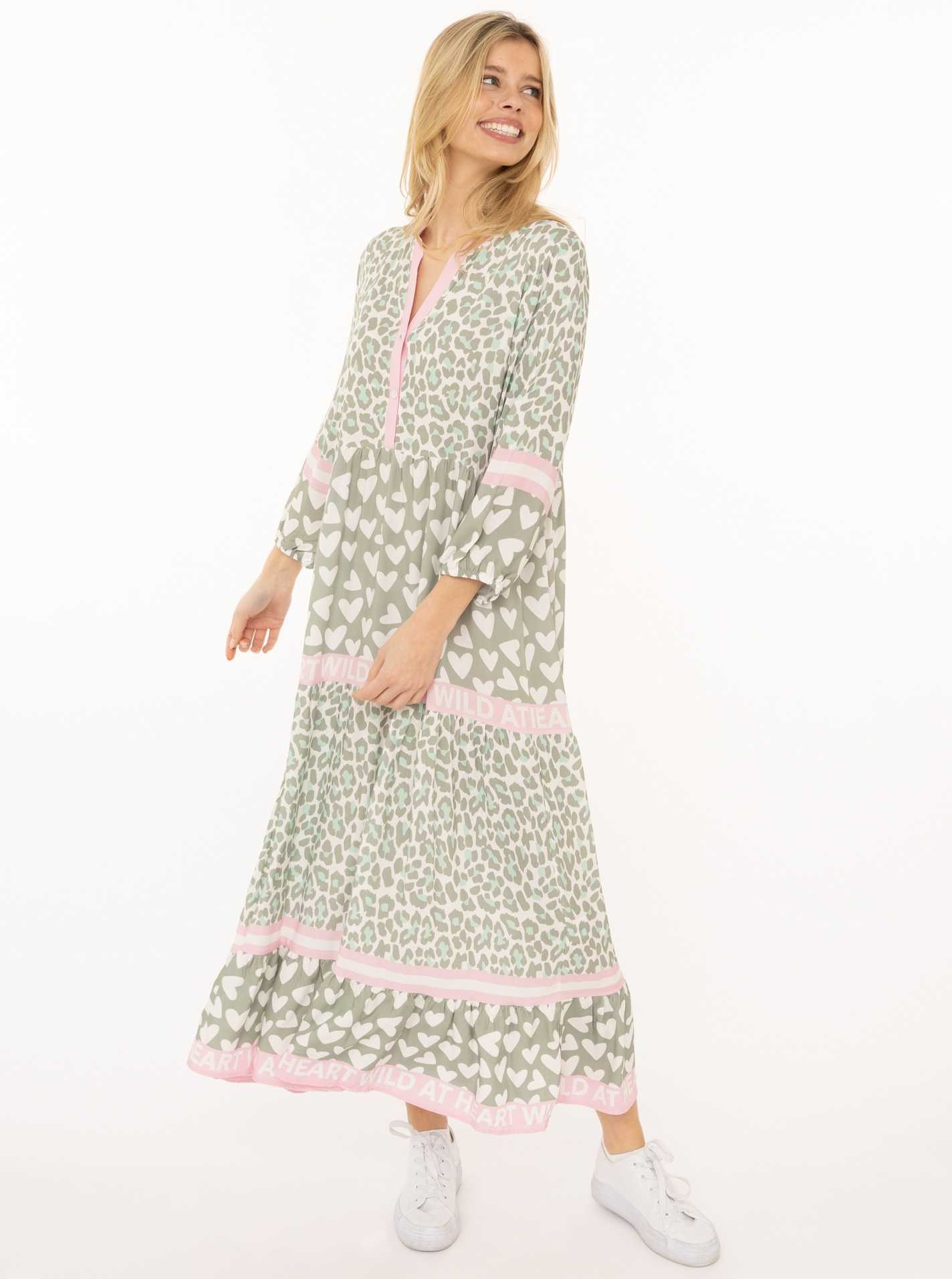 Zwillingsherz Maxikleid ""Leo Love"" Ohne Taschen Mustermix: Leo und Herzen, Knopfleiste und 3/4 Arm