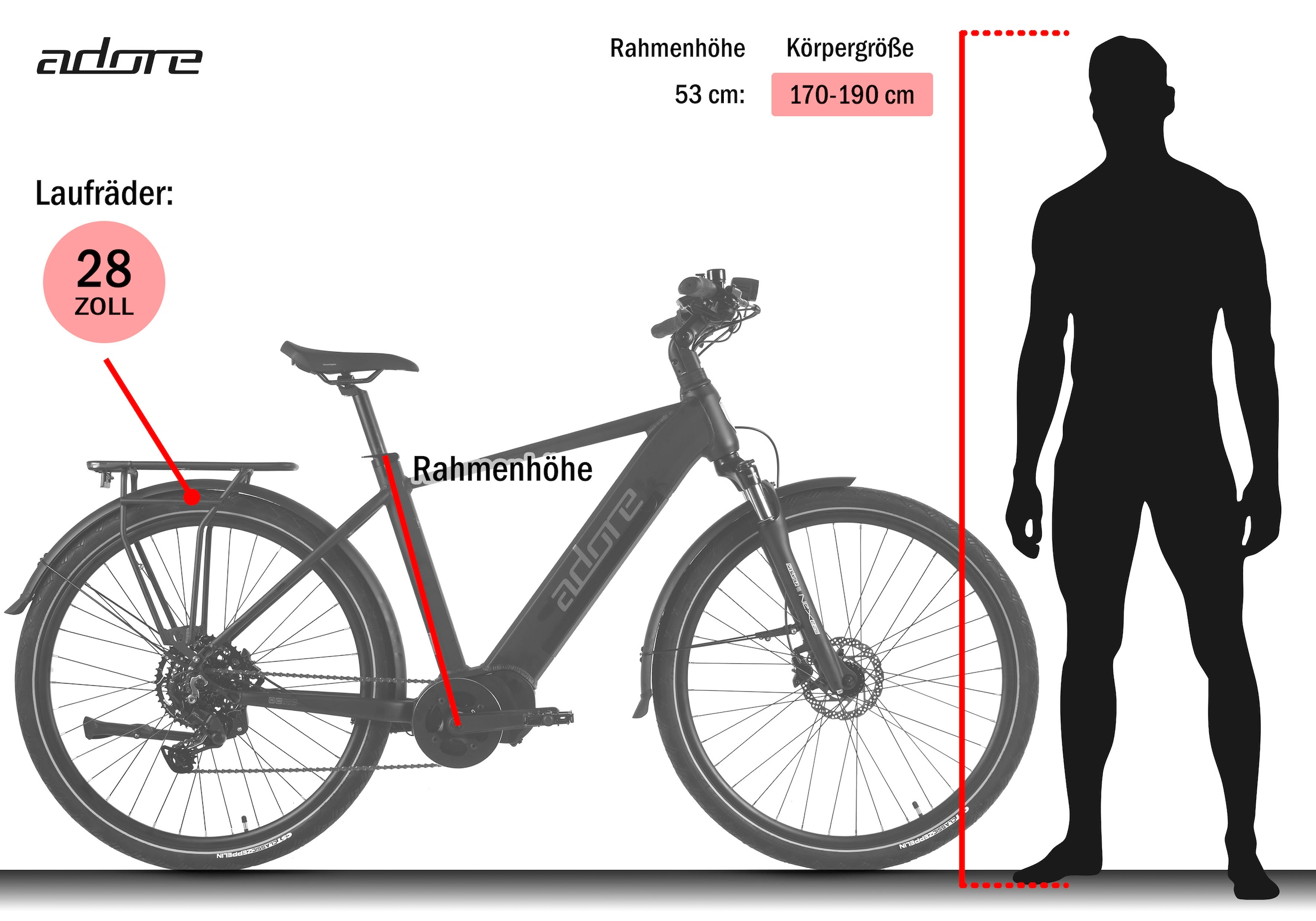 Adore »28" Alu Trekking E-Bike ATX-390 Mittelmotor 85NM / 15Ah Schwarz matt« 9 Gang Shimano Cues Schaltwerk Kettenschaltung Mittelmotor 250 W Pedelec, Elektrofahrrad für Herren