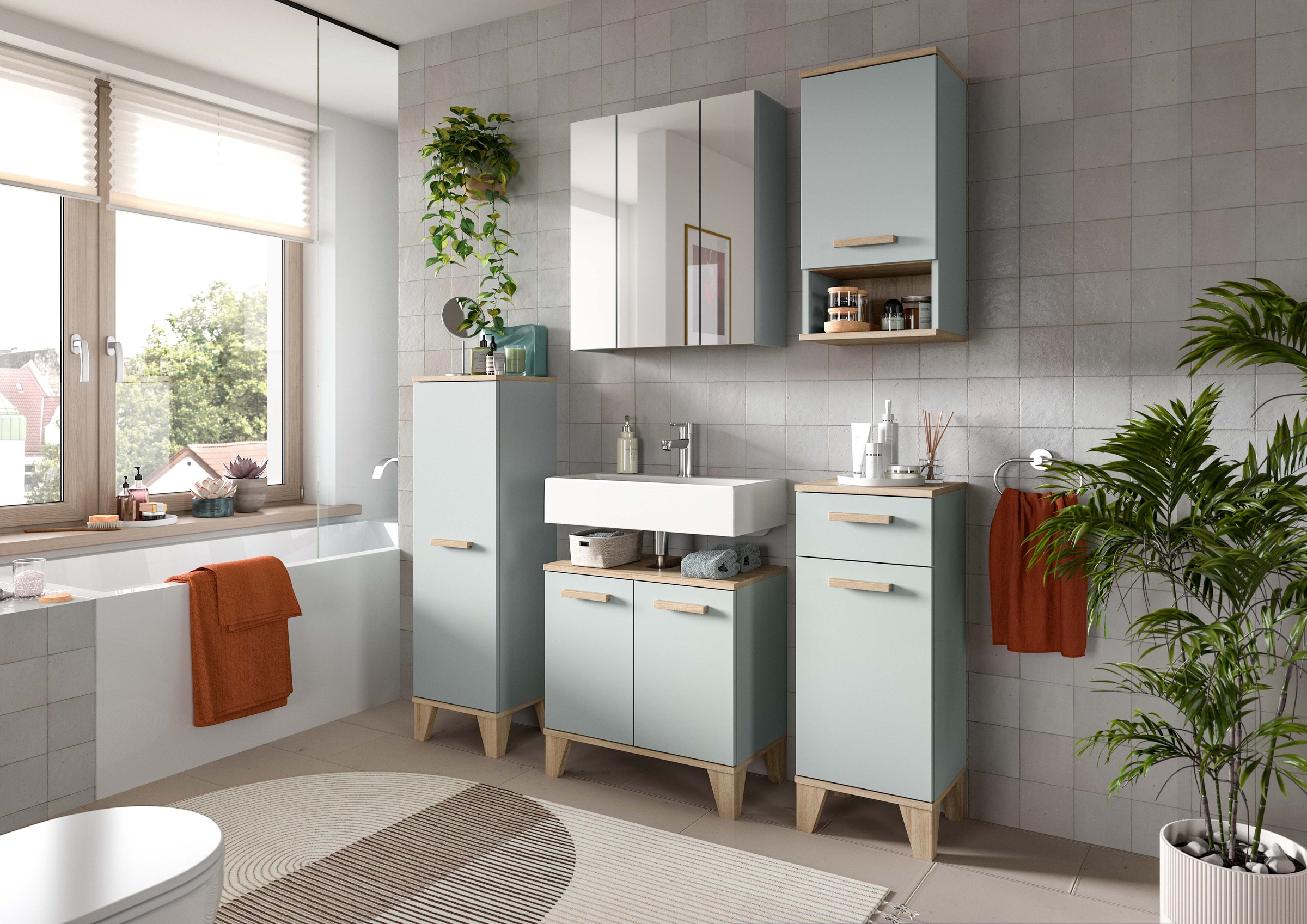 welltime Midischrank »MINTTU, Höhe 116 cm, 1 Tür, 2 Einlegeböden, 3 Fächer« Türanschlag rechts und links montierbar,  Badmöbel, Badschrank, Schrank, Kommode, Bad, Unterschrank