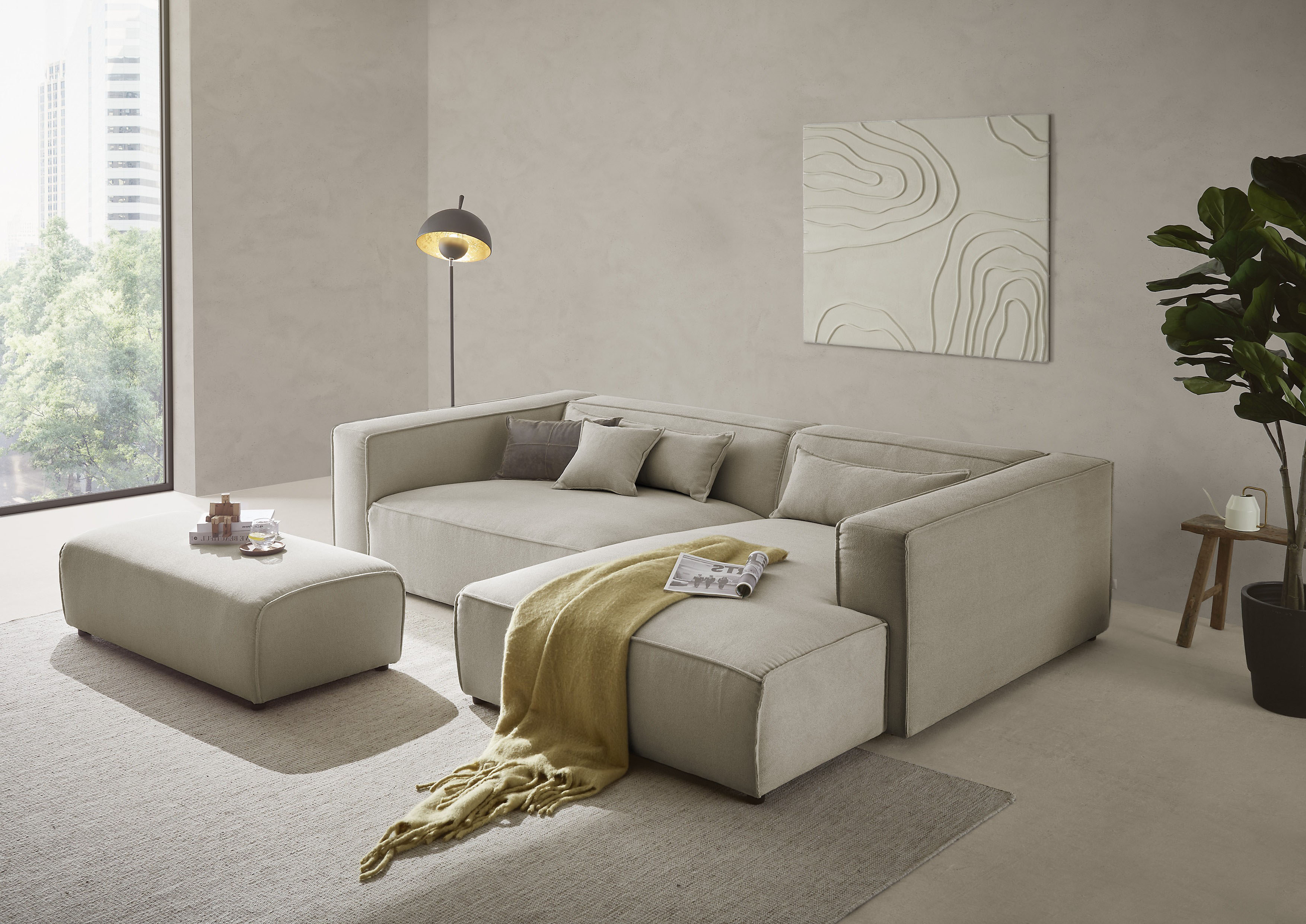 LeGer Home by Lena Gercke Ecksofa "PIARA XXL Struktur u. Leinenoptik, L-Form, Schlaffunktion" Hocker stellbar zum Schlafsofa (Krokodilverbinder), tiefe Sitzfläche
