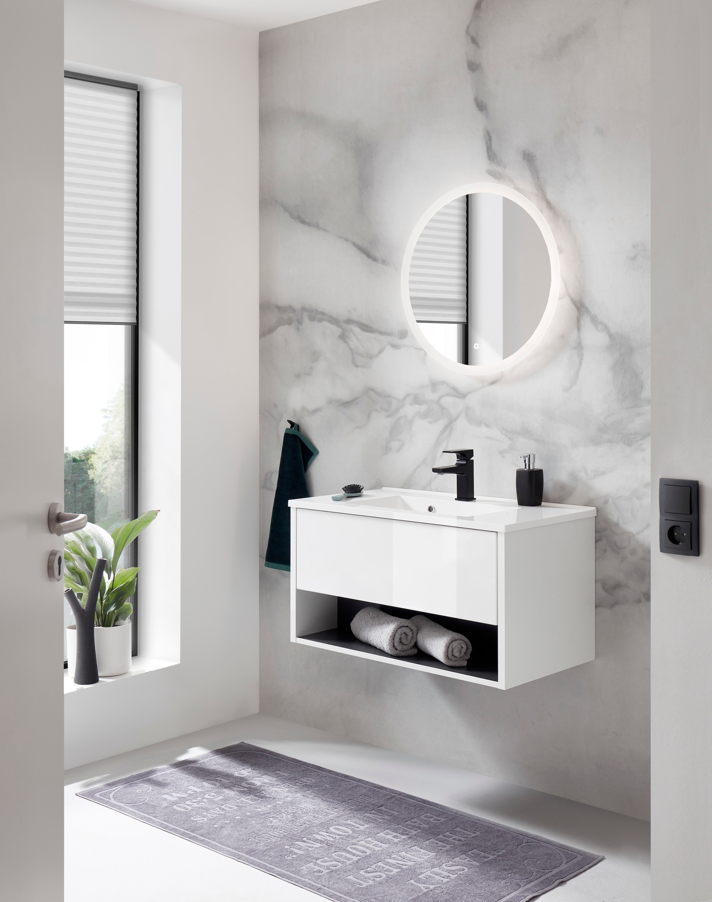 Places of Style Badmöbel-Set »Studio Line, Bad im modernen Design, 2-teiliges Badezimmer«, (2 St.), Waschtisch und Spiegel, in zwei Farben verfügbar, viel Stauraum