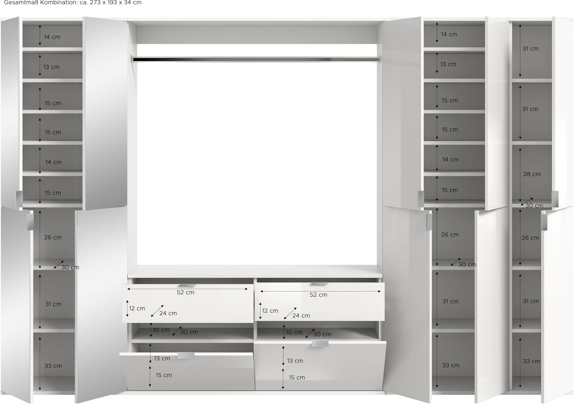 INOSIGN Garderoben-Set »Trondheim, Breite 273 cm, 6-teilig, bestehend aus:«, (Set, 5 St.), 3x Garderobenschrank, 1 Kommode, 1 Garderobenstange, 1 Ablageboden
