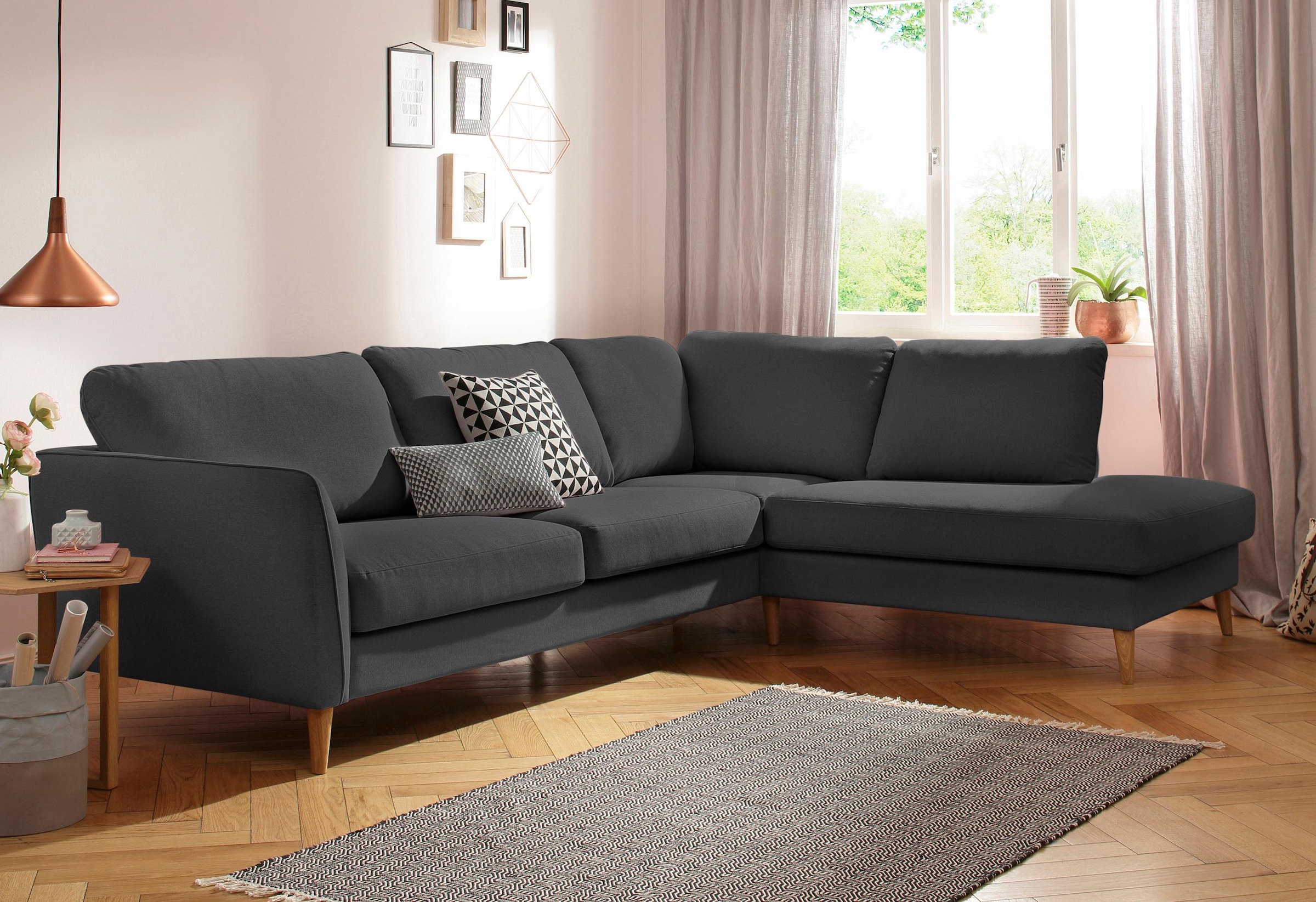 Home affaire Ecksofa »MARSEILLE 278/202 cm, L-Form, Ottom. rechts/links, verschiedene Bezüge«, Massivholzbeine Eiche, Landhausstil, Wellenunterfederung