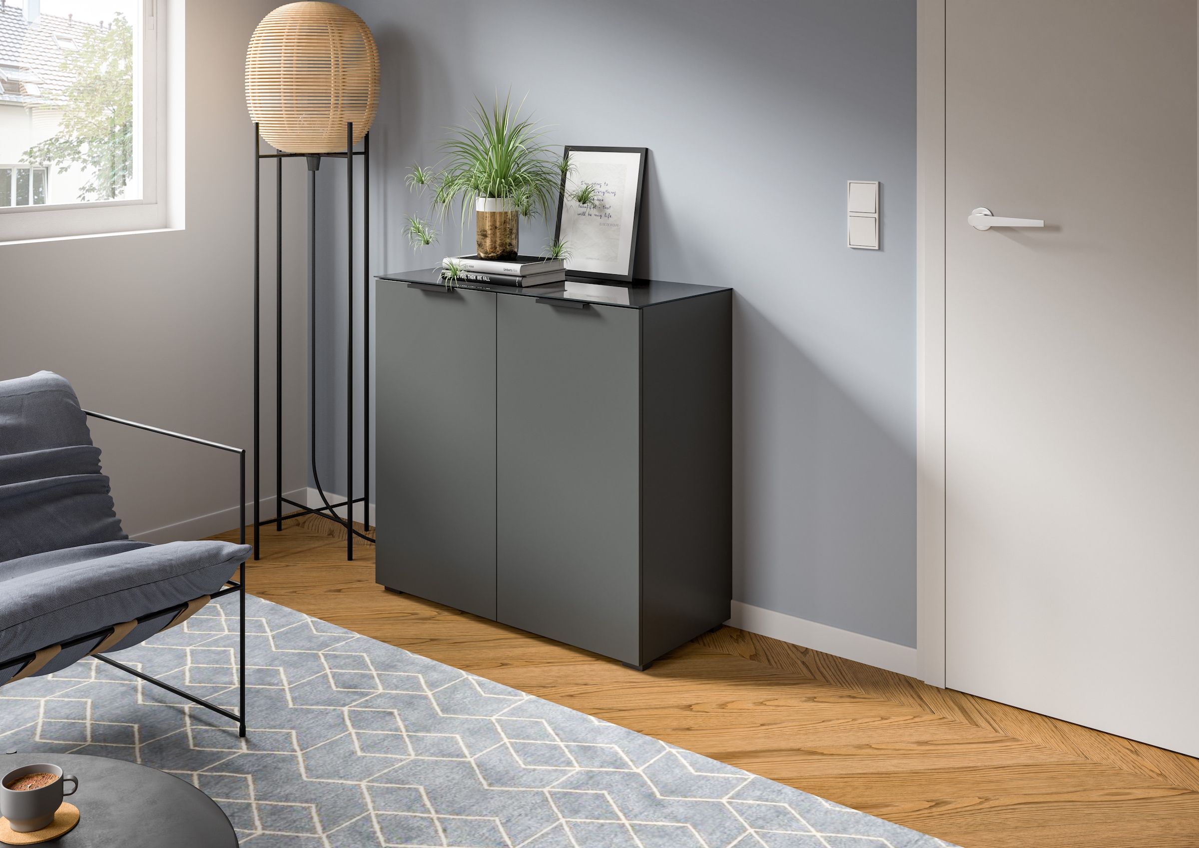 INOSIGN Kommode "Raio, Breite 90 cm, 2 Türen, 2 Einlegeböden, Oberboden mit Glasplatte", Anrichte, Sideboard, Highboard,