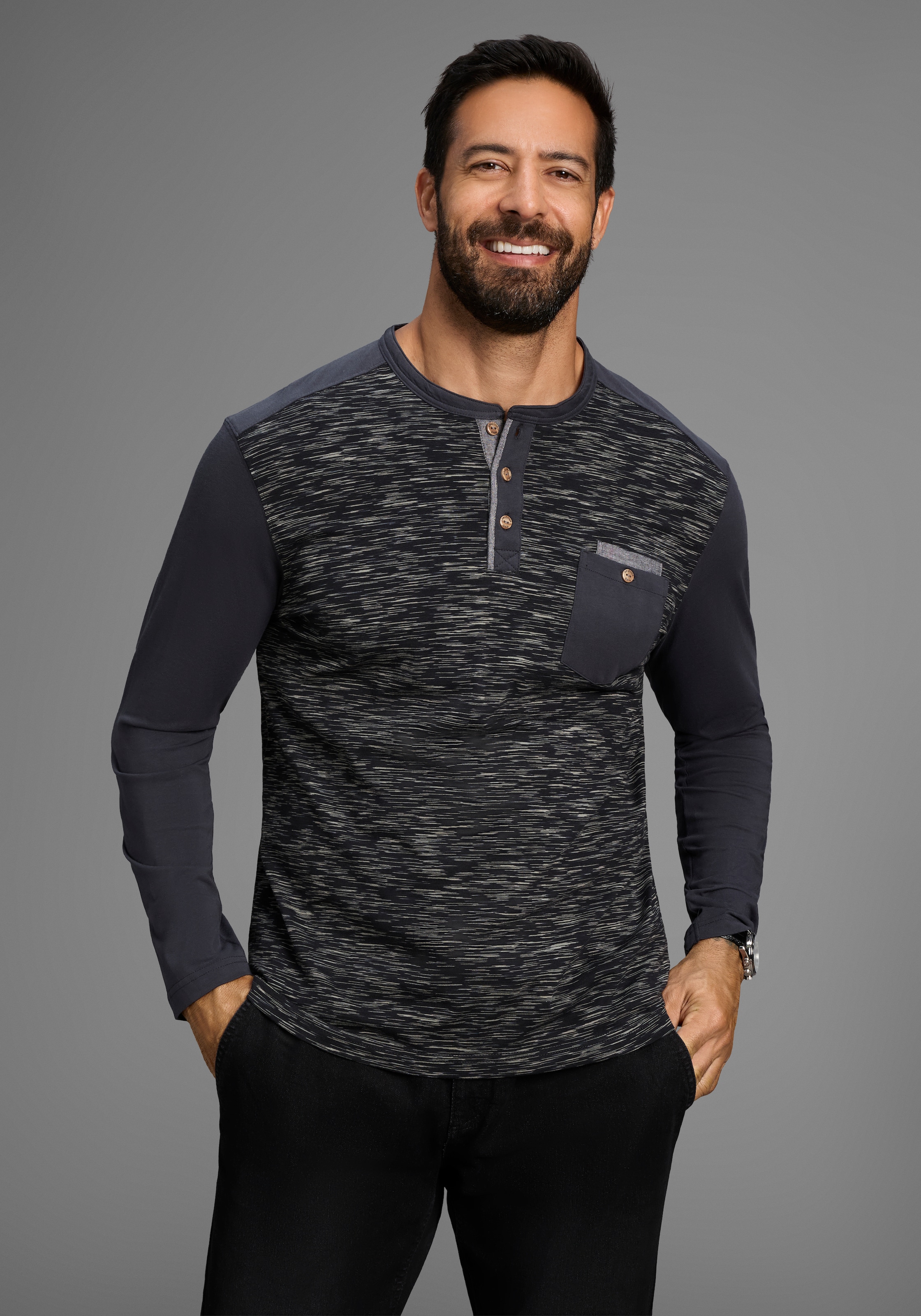 Arizona Longsleeve, Langarm, melierte Optik, Rundhalsausschnitt mit Knopfle günstig online kaufen