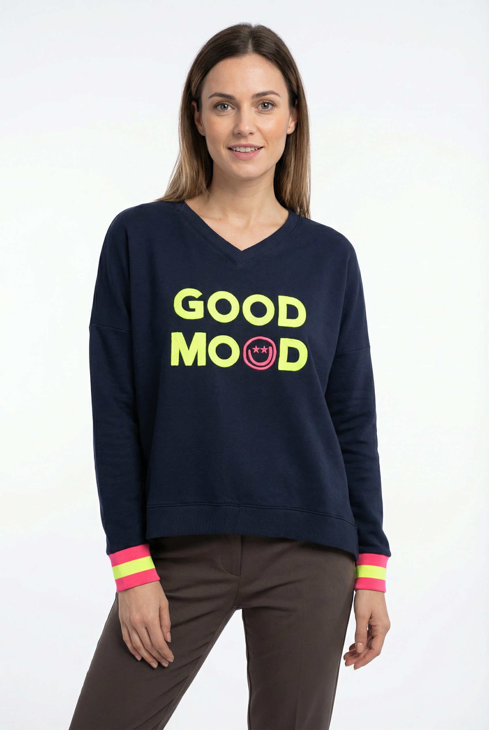 Zwillingsherz Sweatshirt, Langarm, Neon-Details, V-Ausschnitt, Schriftzug günstig online kaufen
