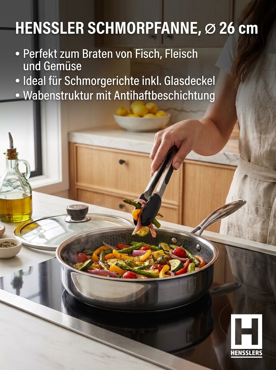 HENSSLERS Schmorpfanne "Premium, Pfanne 26 cm, inklusive Grillzange" Edelstahl Set, 3 tlg.