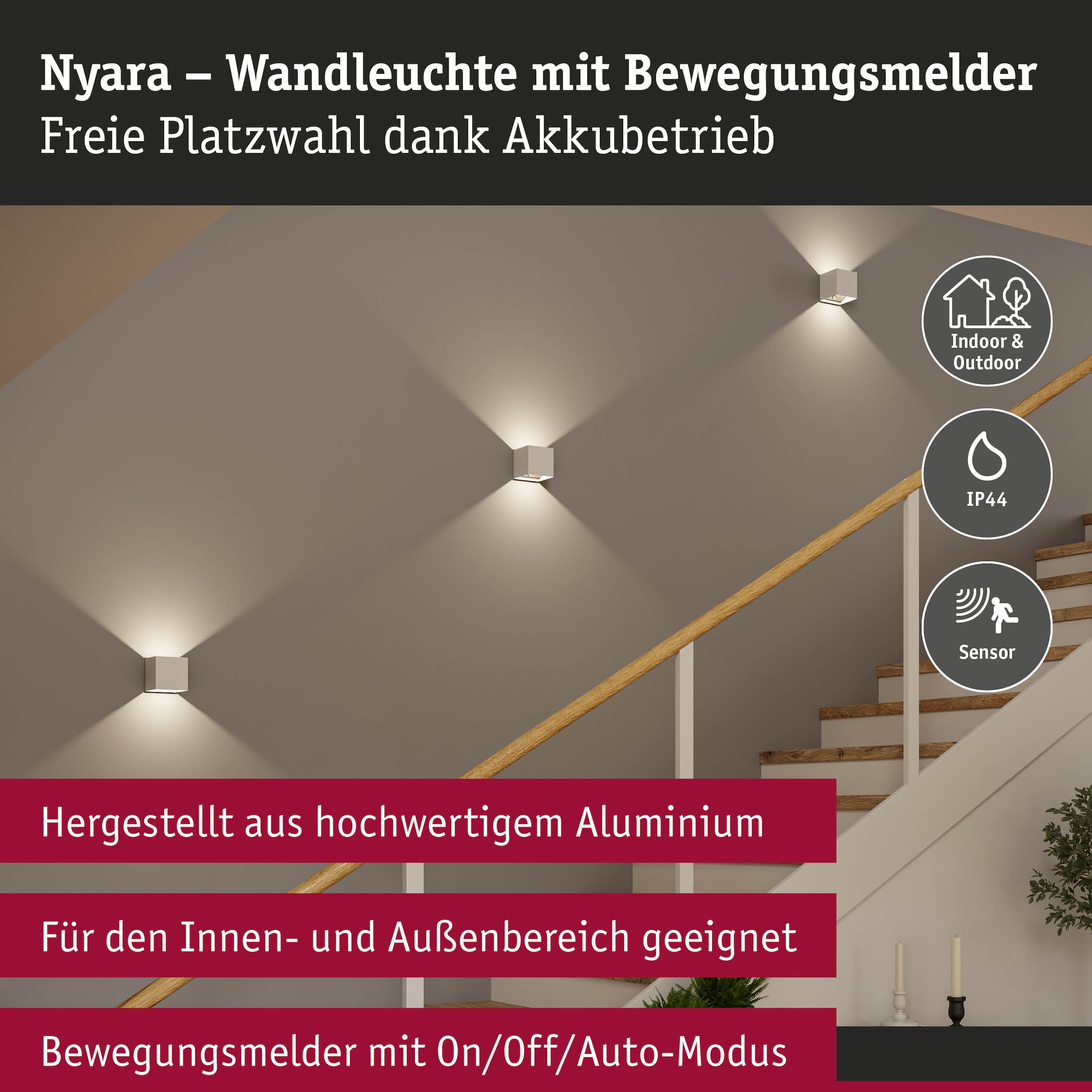 Paulmann LED Wandleuchte »Nyara IP44 2W« LED-Modul 2 Stk. Dämmerungsgesteuerter Bewegungsmelder (HF)