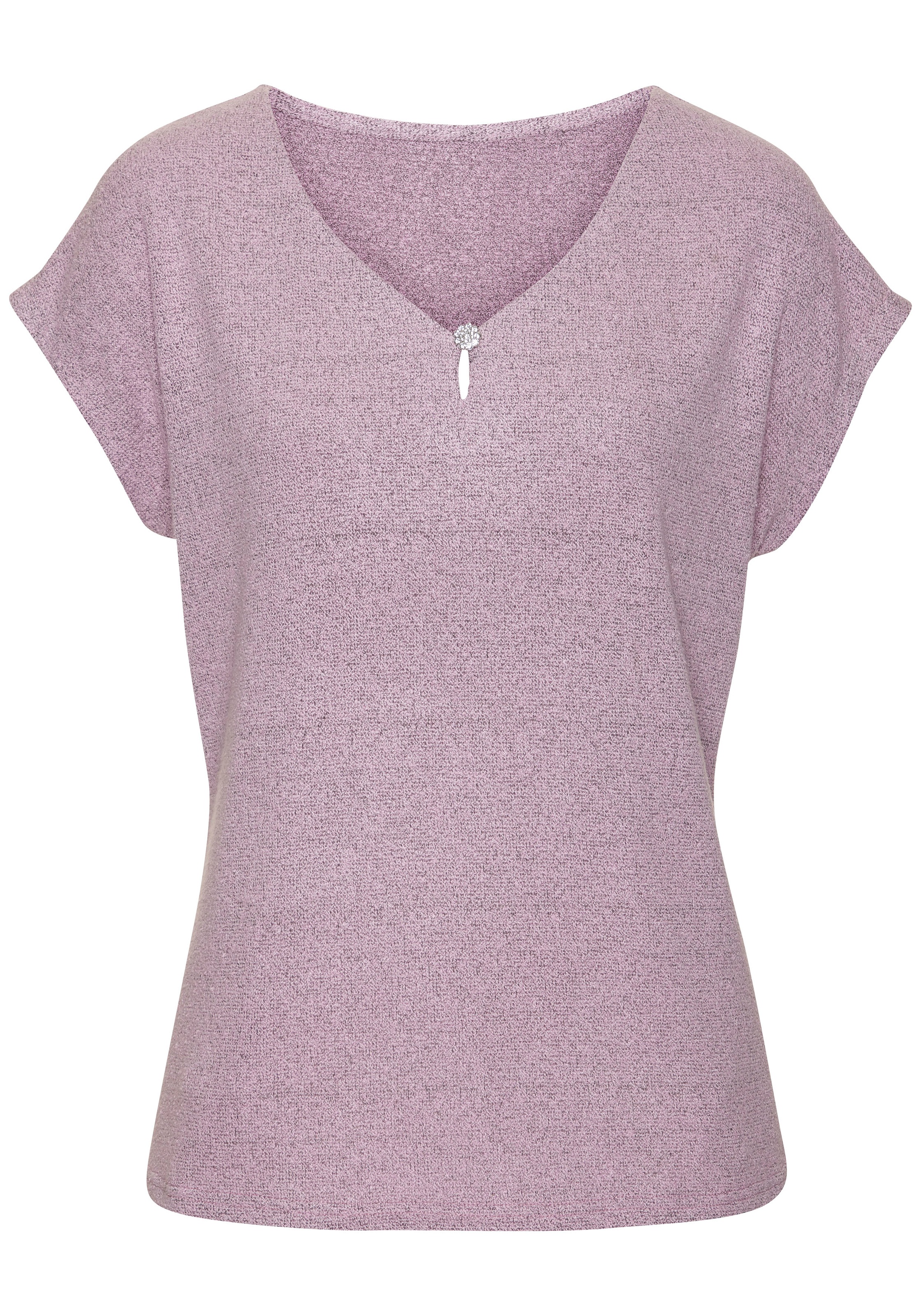 LASCANA Kurzarmshirt "mit Strassknopf in Blütenform", aus leichtem Feinstri günstig online kaufen