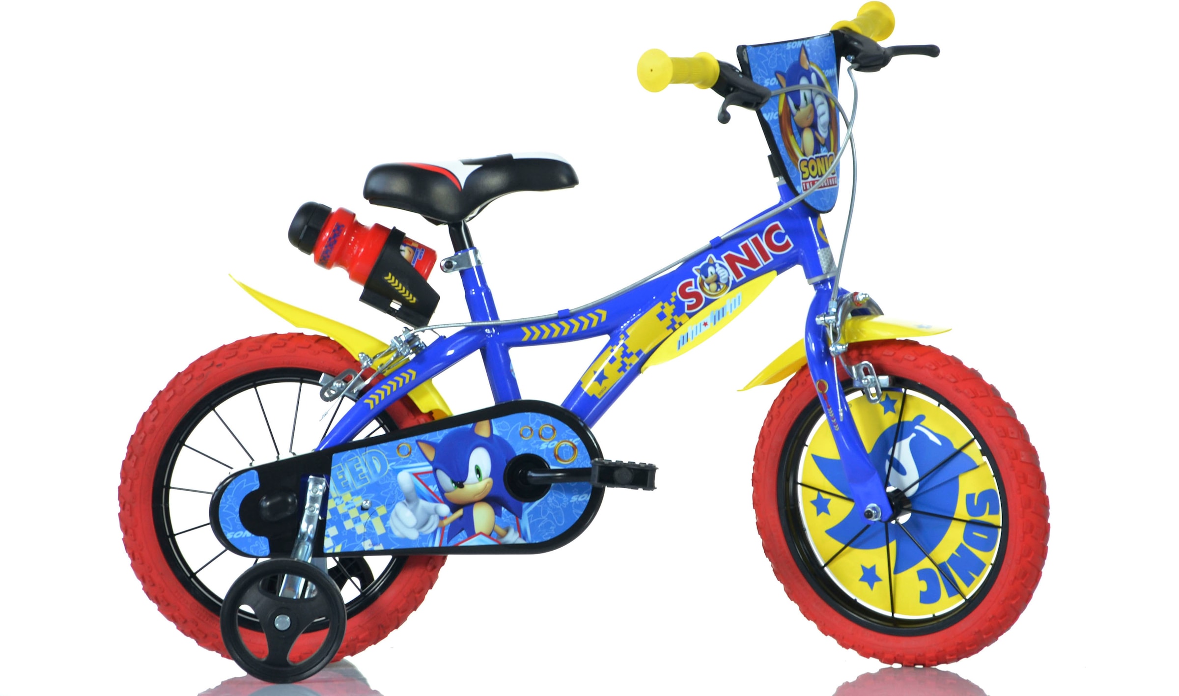 Dino Kinderfahrrad "Sonic", 1 Gang, mit Stützrädern, Trinkflasche und Frontschild