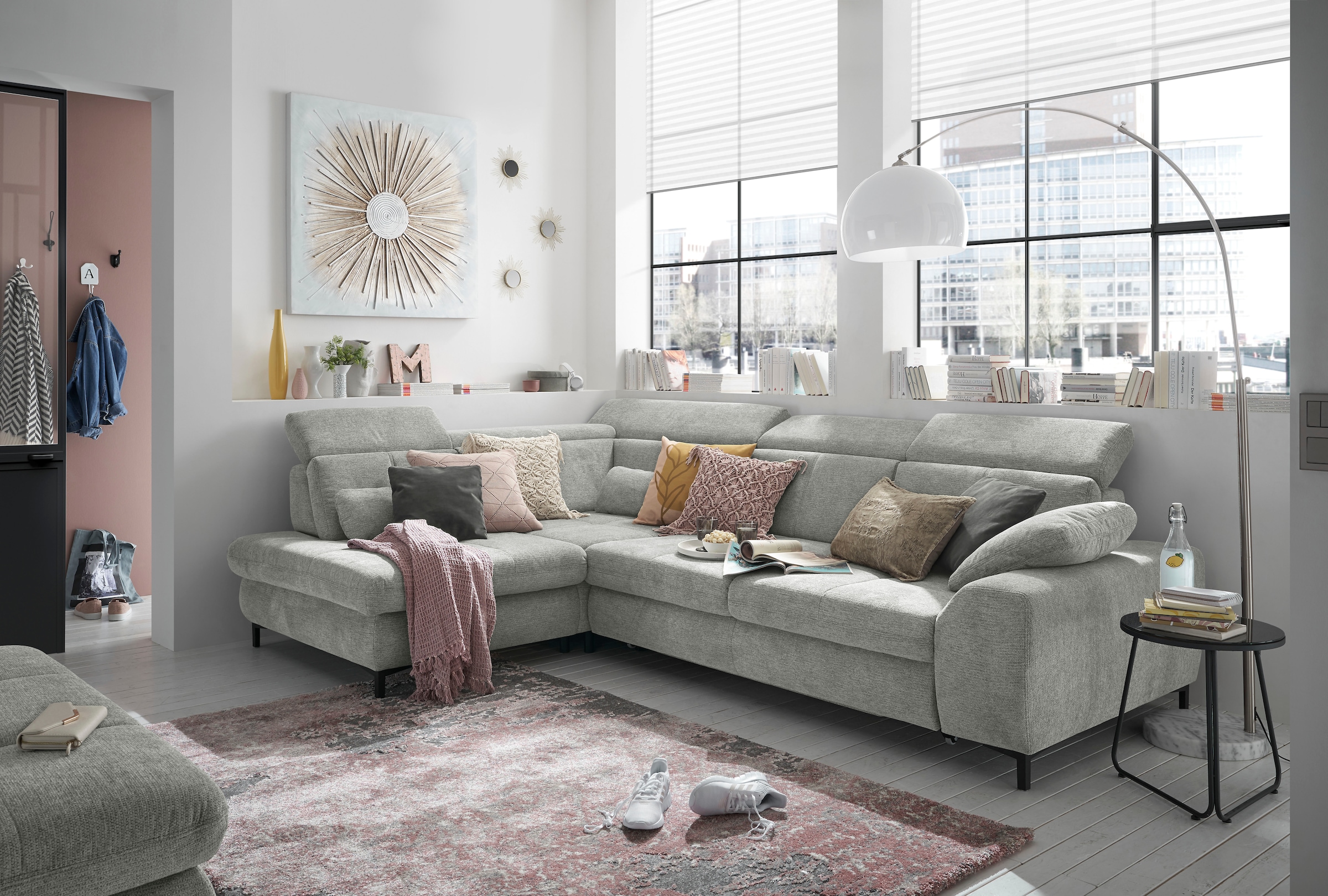 set one by Musterring Ecksofa »SO 3400 Sitzhöhe 47cm oder 49cm, Sitztiefe verstellbar, B/T 317/220 cm«, Kaltschaumpolsterung, Flachgewebe, whlw. mit Funktionen, Sitzhöhe 47