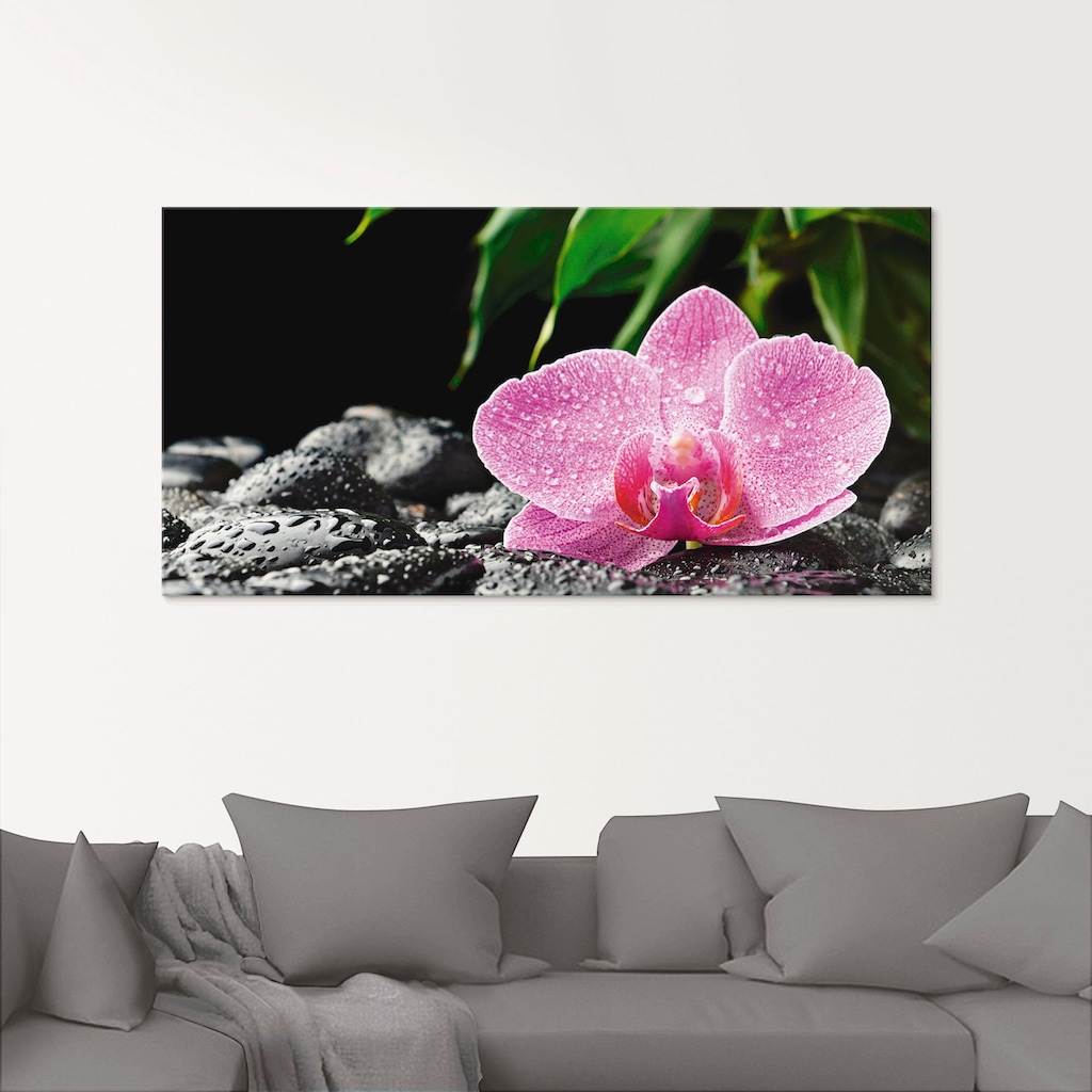 Artland Glasbild »Rosa Orchidee auf schwarzen Zen Steinen«, Blumen, (1 St.)